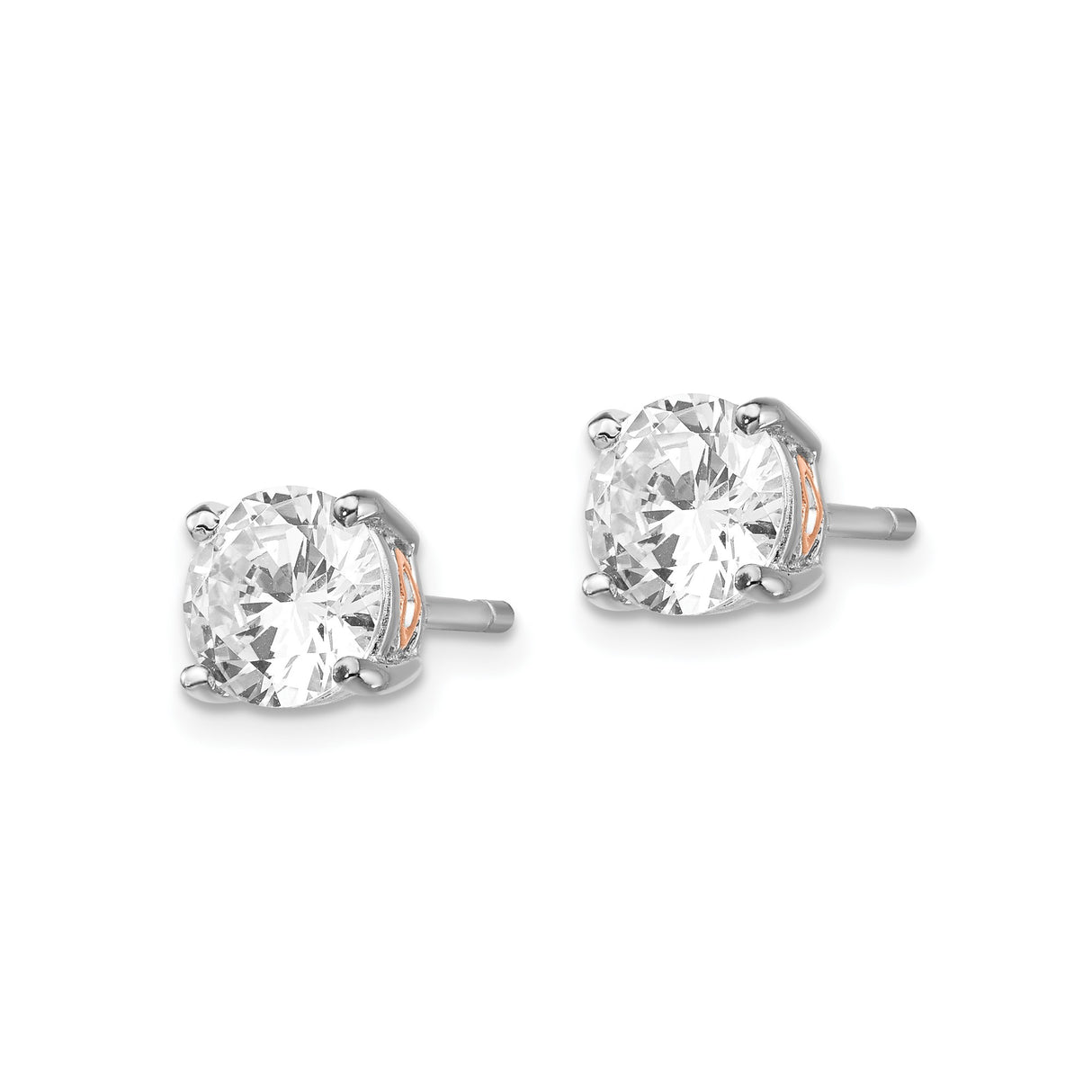 Sterling Silver Stud Earrings with Round Cut Cubic Zirconia, Rose Gold Heart Detail