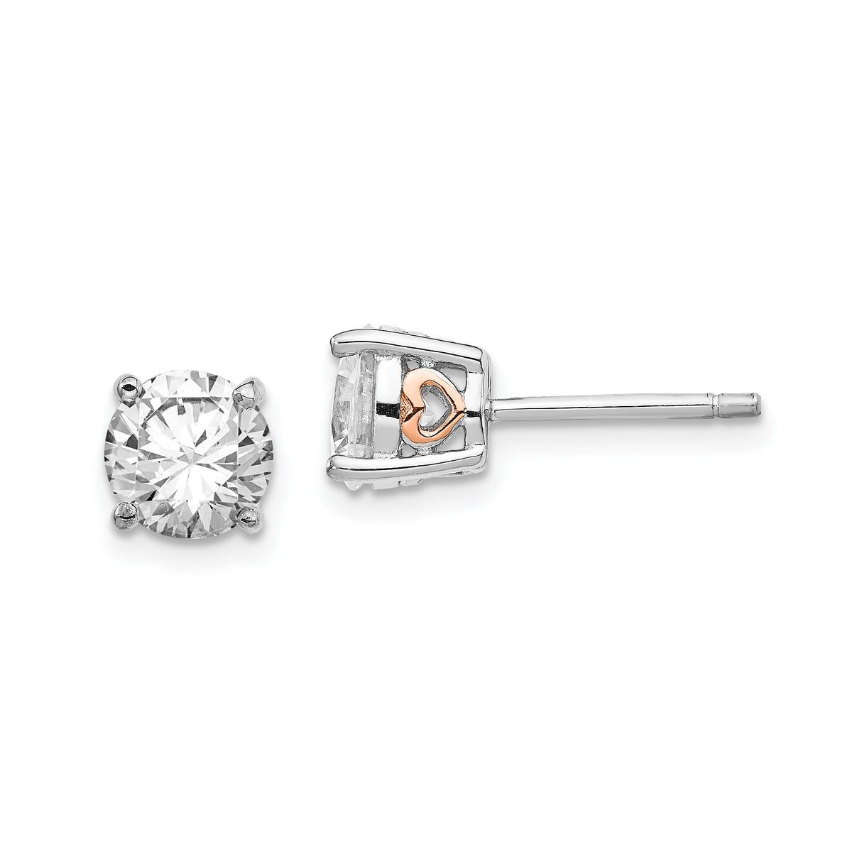 Sterling Silver Stud Earrings with Round Cut Cubic Zirconia, Rose Gold Heart Detail