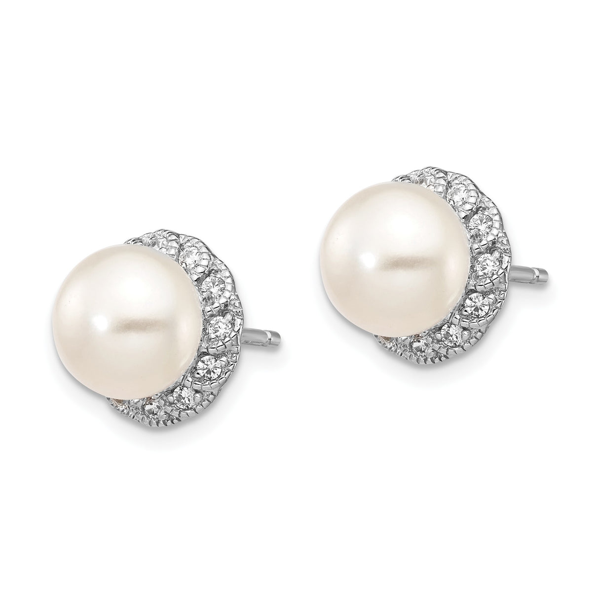 Sterling Silver Stud Earrings with White Cultured Pearls and Cubic Zirconia Halo