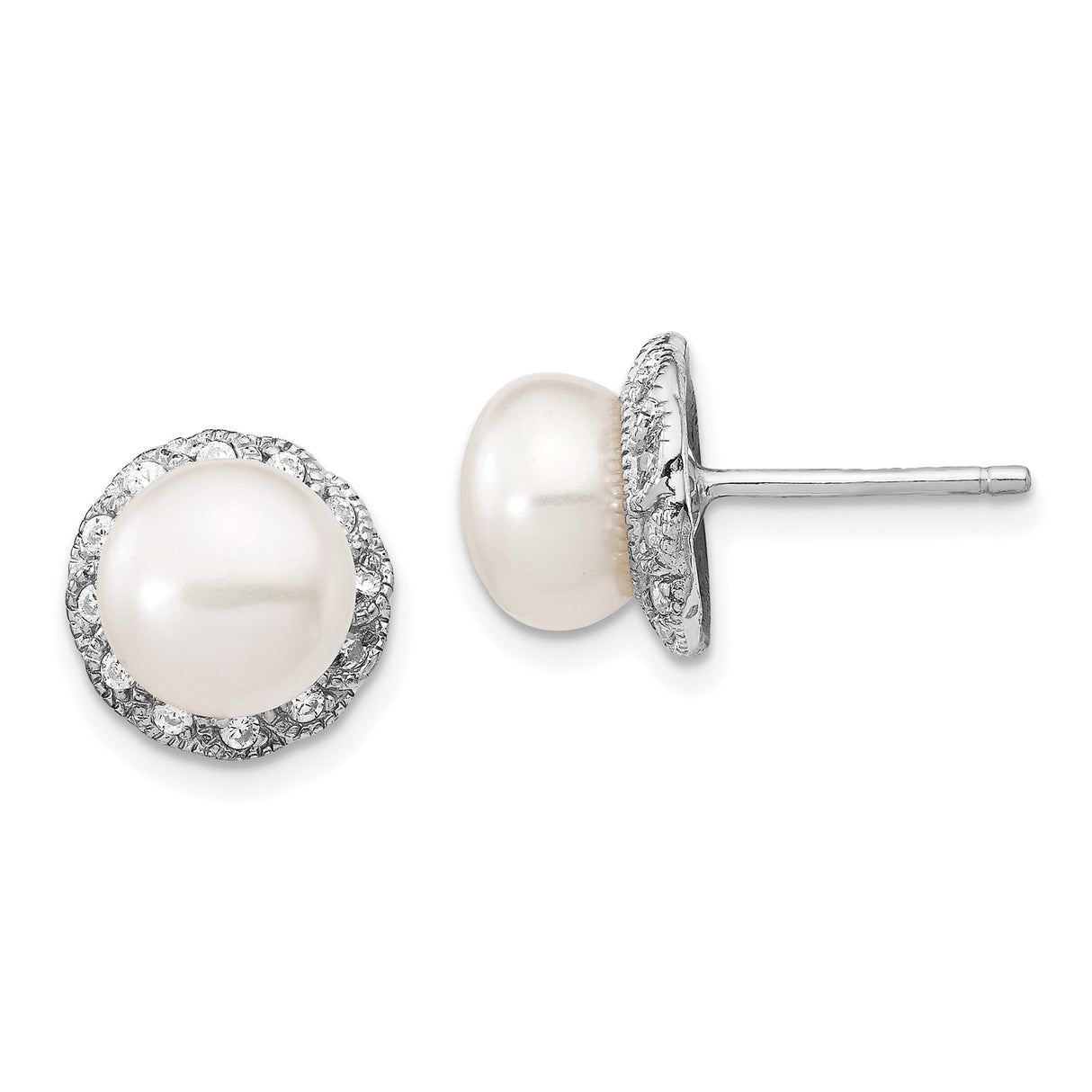 Sterling Silver Stud Earrings with White Cultured Pearls and Cubic Zirconia Halo