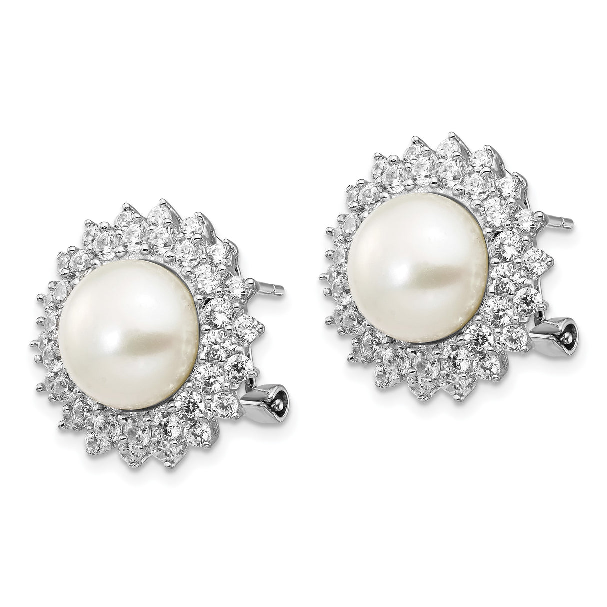 Sterling Silver Pearl Stud Earrings with Cubic Zirconia Floral Sunburst Halo Design