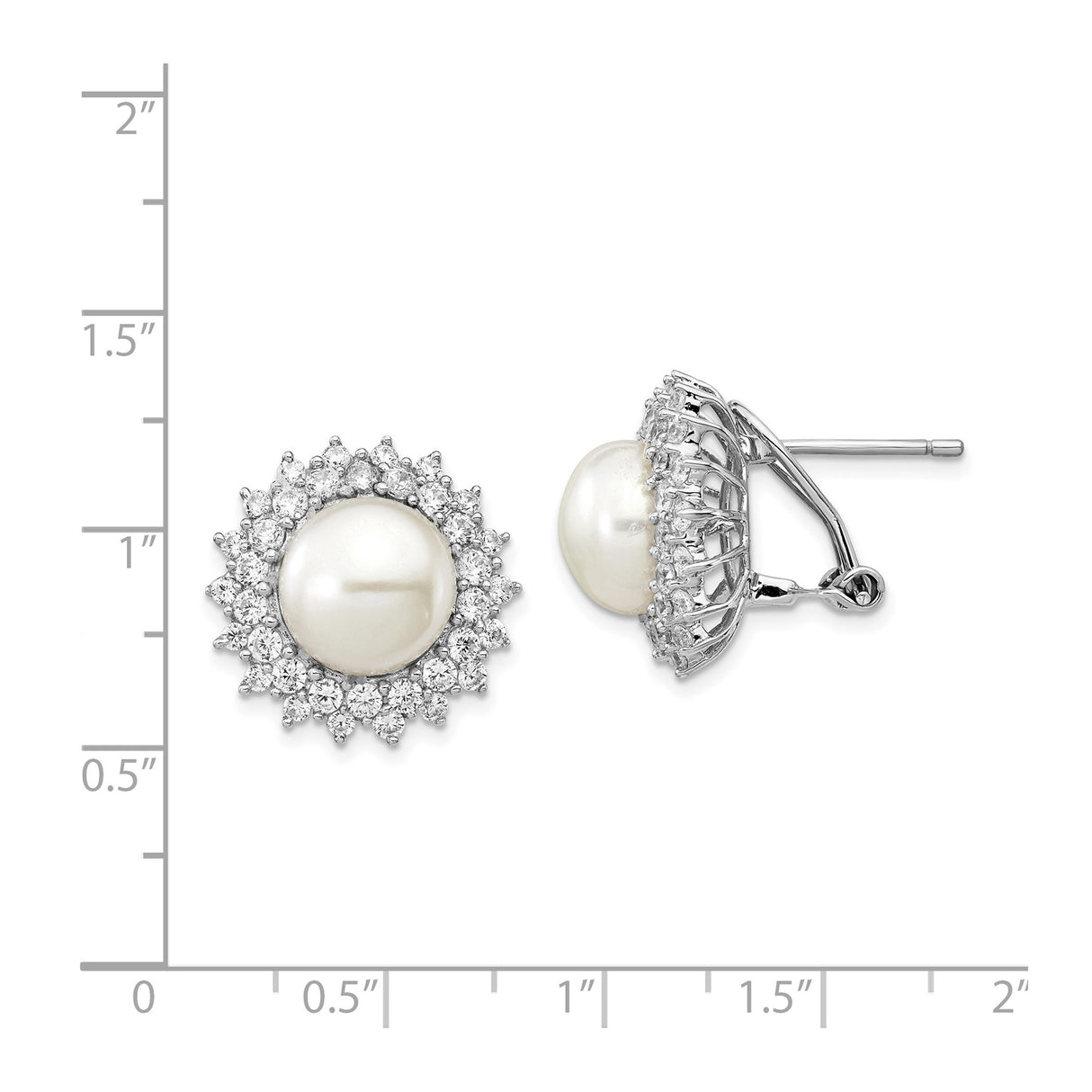 Sterling Silver Pearl Stud Earrings with Cubic Zirconia Floral Sunburst Halo Design