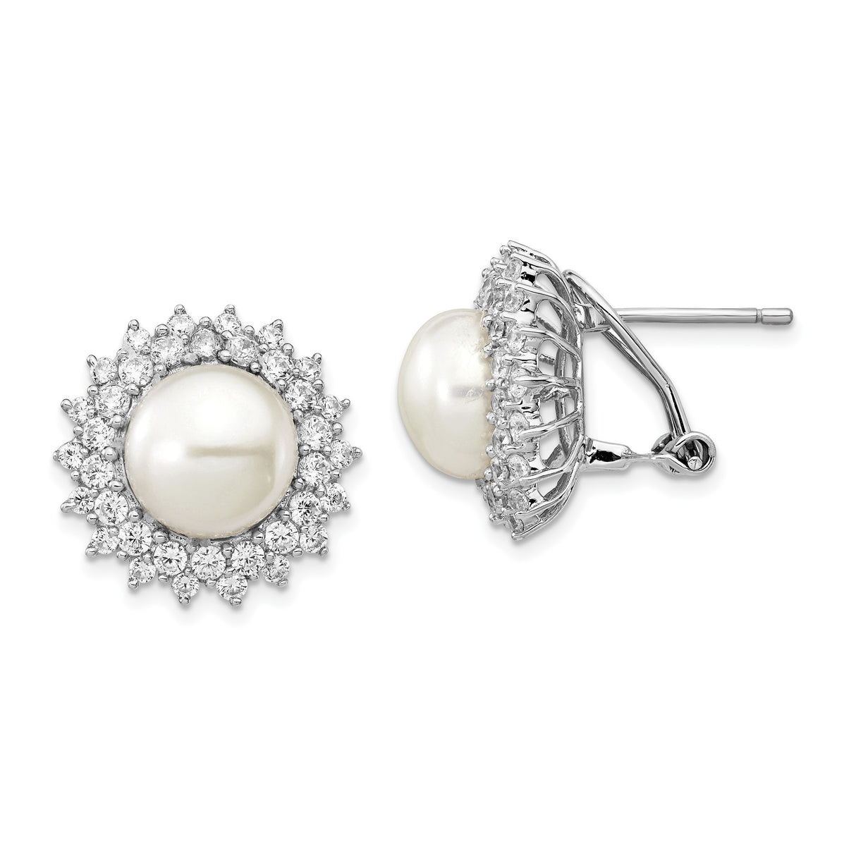 Sterling Silver Pearl Stud Earrings with Cubic Zirconia Floral Sunburst Halo Design