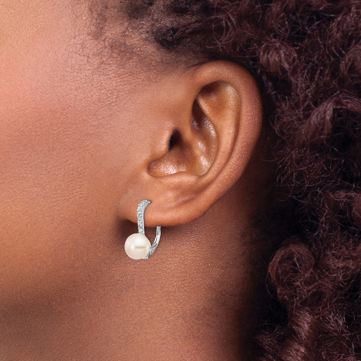 Sterling Silver Leverback Earrings with Freshwater Cultured Pearls and Cubic Zirconia Accents