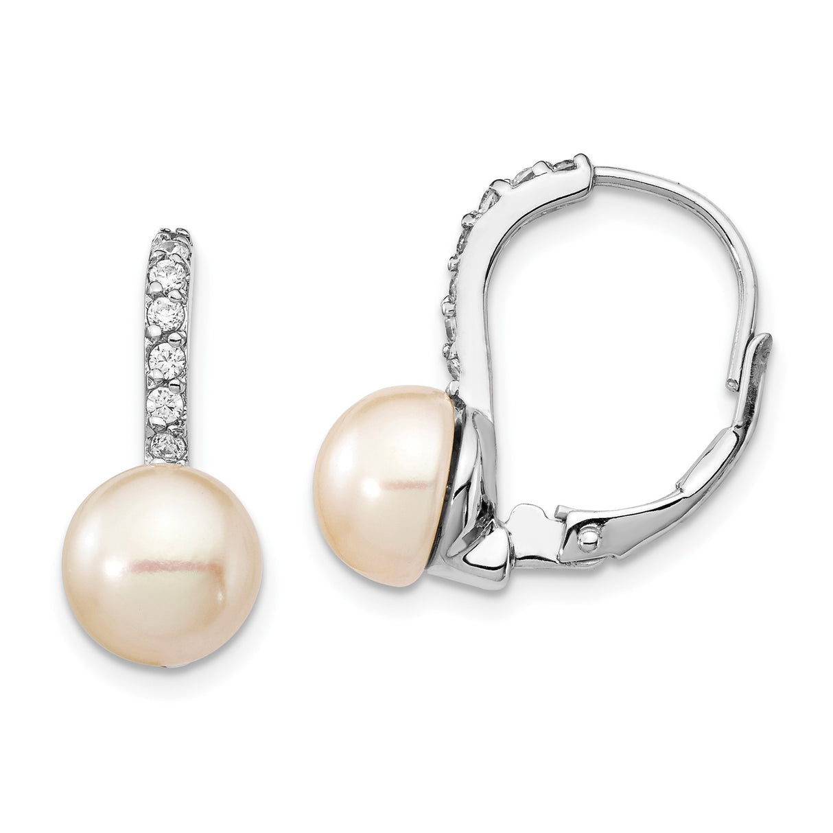Sterling Silver Leverback Earrings with Freshwater Cultured Pearls and Cubic Zirconia Accents