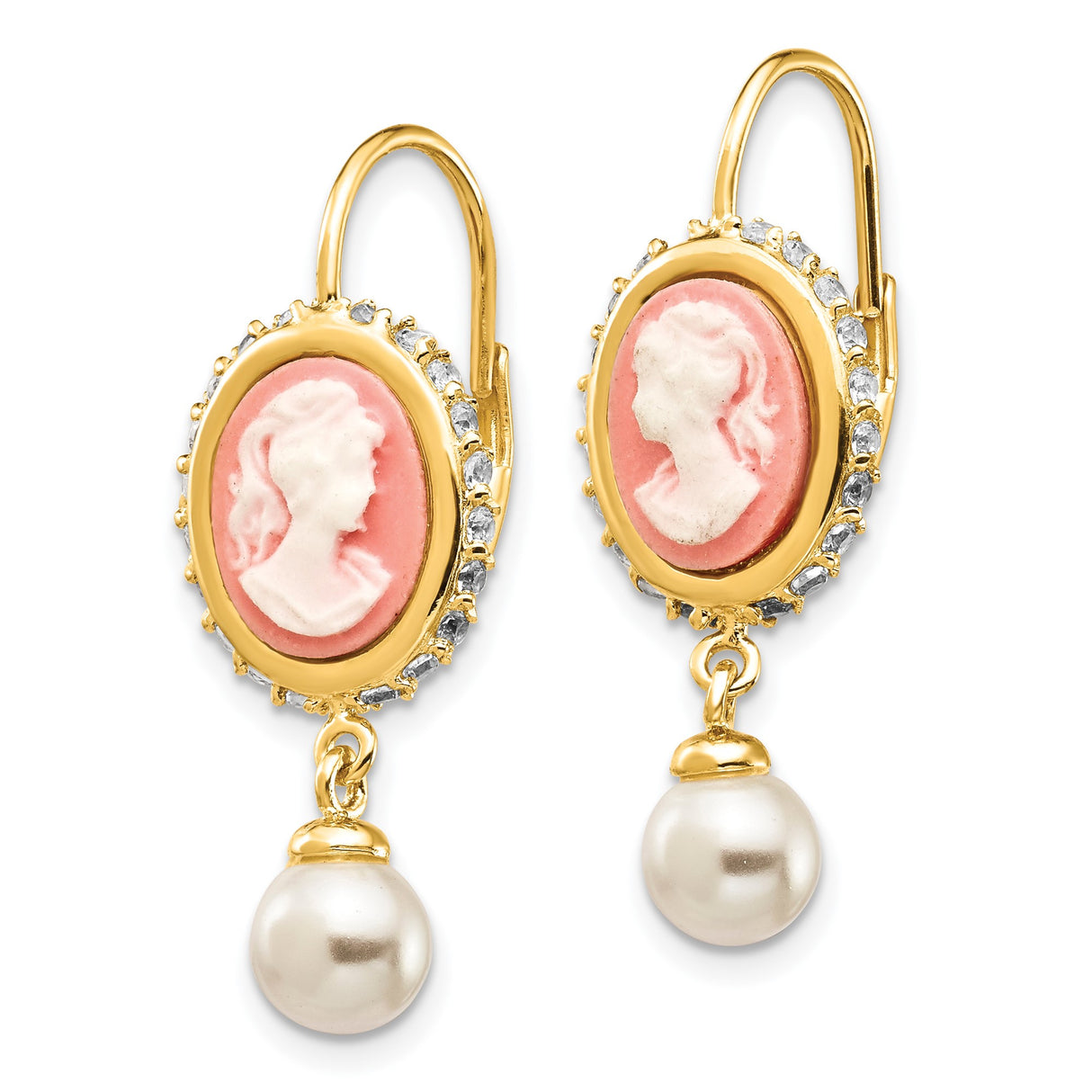 Sterling Silver Drop Earrings with Simulated Pearl, Cubic Zirconia, Pink Cameo, Victorian Style