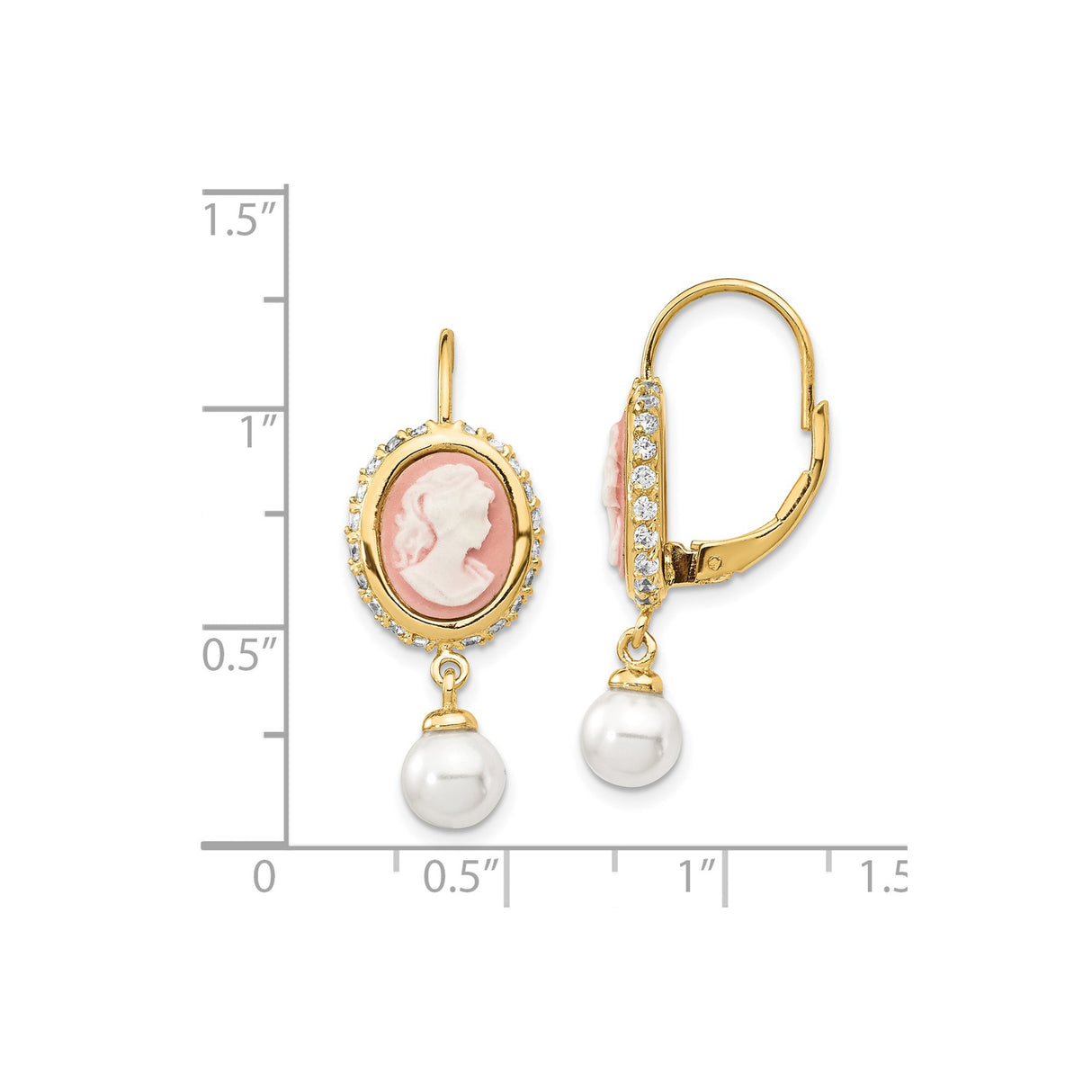 Sterling Silver Drop Earrings with Simulated Pearl, Cubic Zirconia, Pink Cameo, Victorian Style