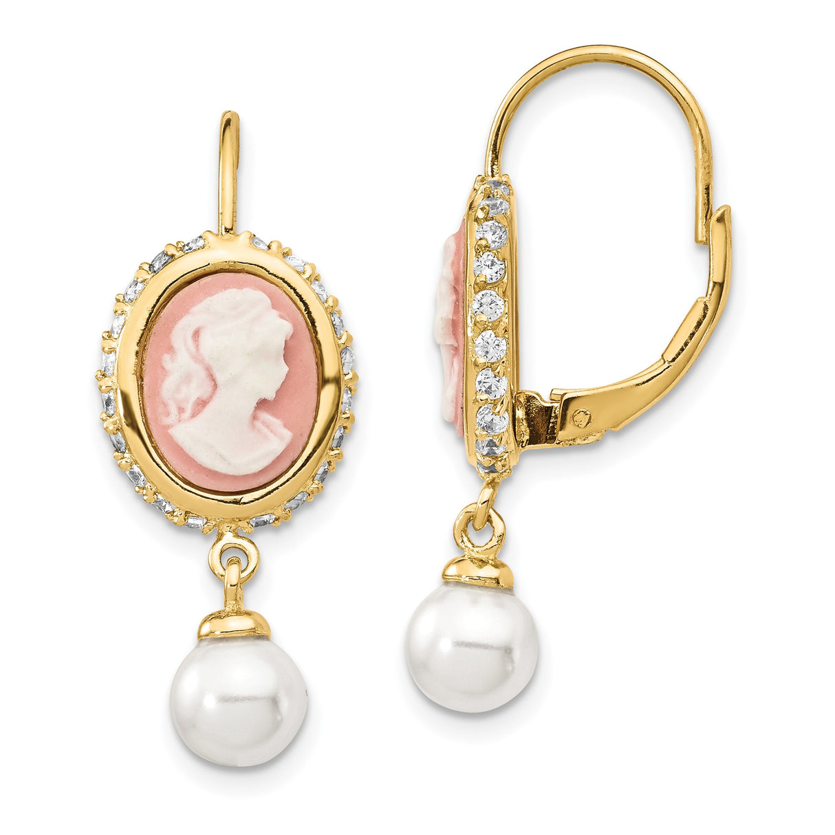 Sterling Silver Drop Earrings with Simulated Pearl, Cubic Zirconia, Pink Cameo, Victorian Style