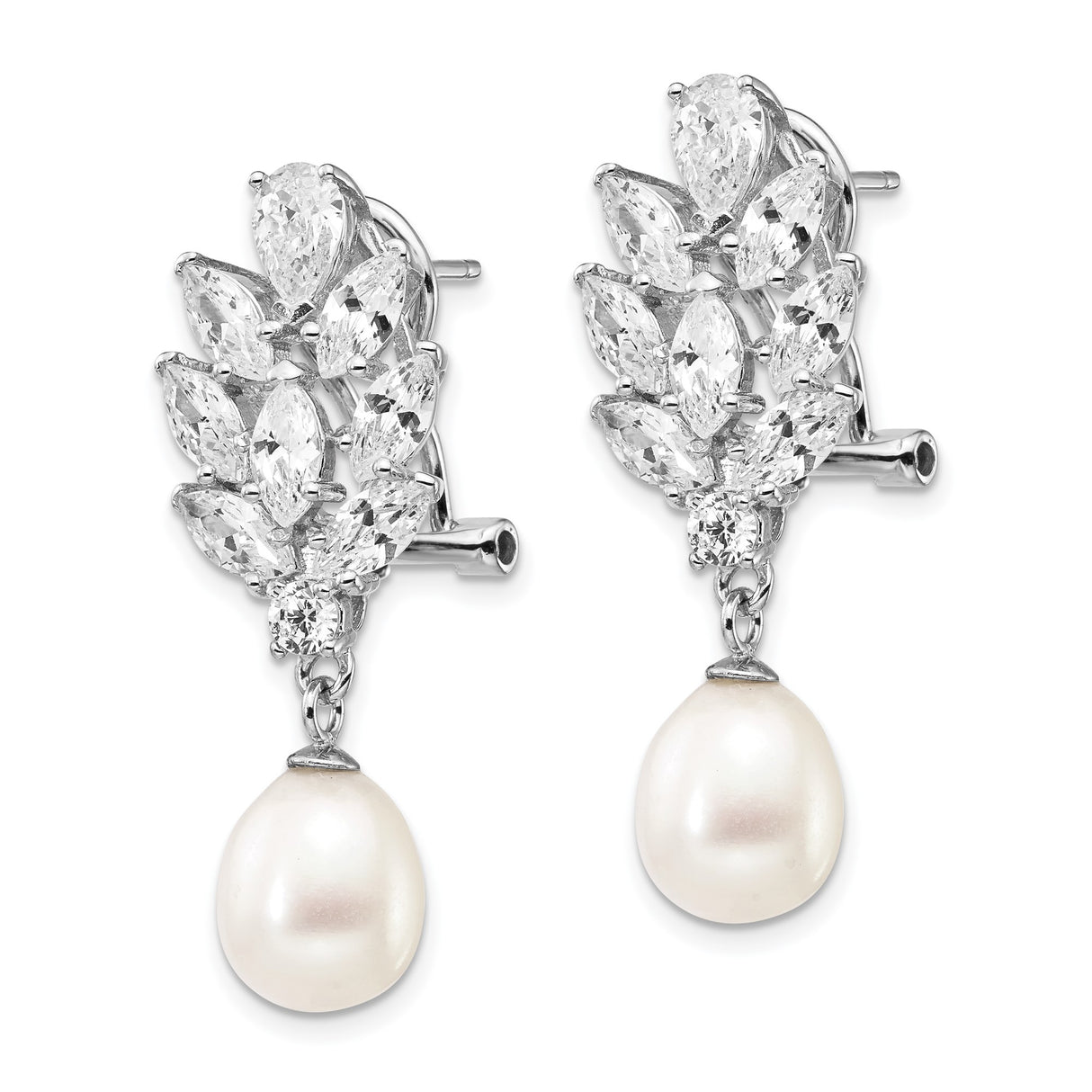 Sterling Silver Drop Earrings with Cubic Zirconia Floral Cluster and Pearl Dangle