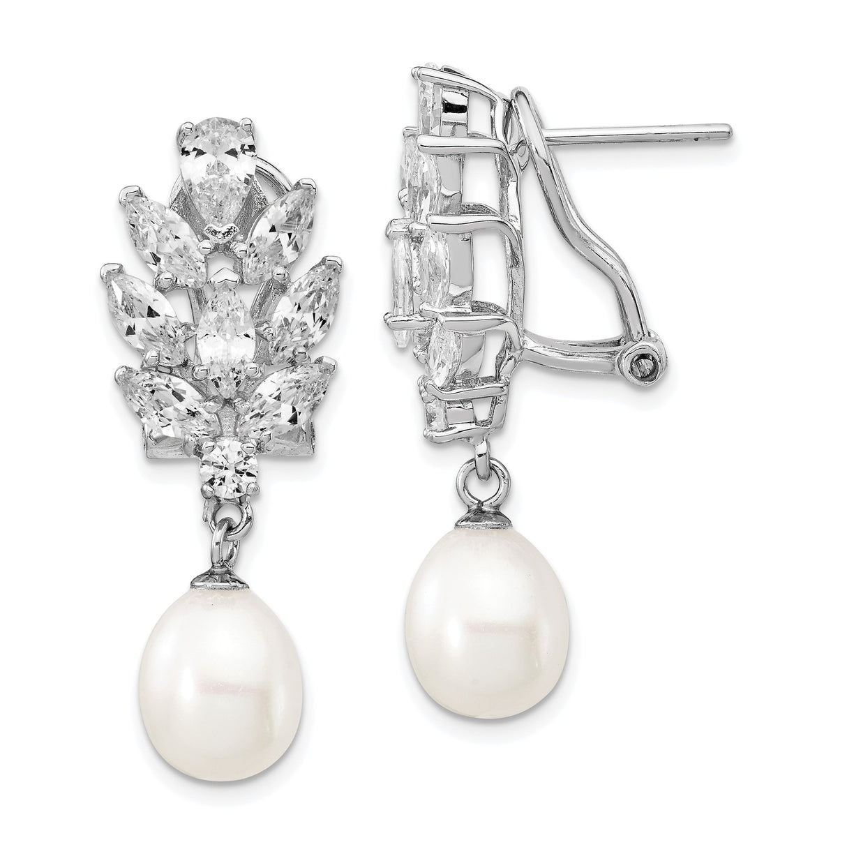 Sterling Silver Drop Earrings with Cubic Zirconia Floral Cluster and Pearl Dangle