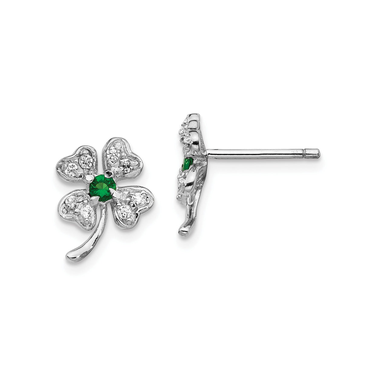 Sterling Silver Clover Stud Earrings with Cubic Zirconia and Glass, Four Leaf Design, Celtic Irish Style