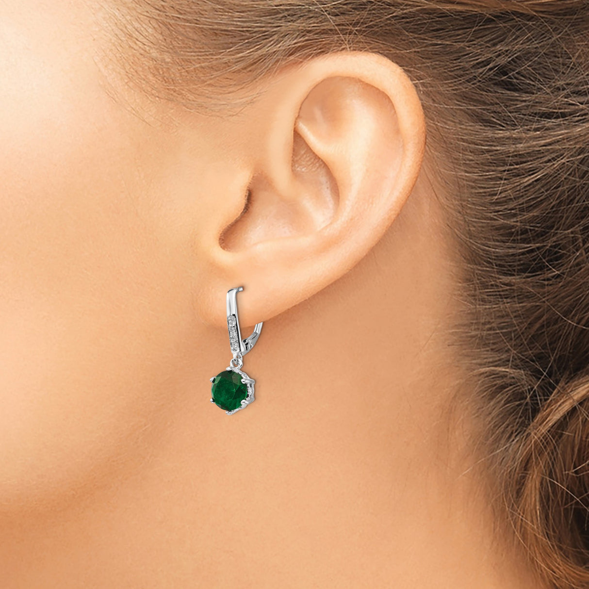Sterling Silver Drop Earrings with Round Green Cubic Zirconia and Glass Accents, Leverback Design