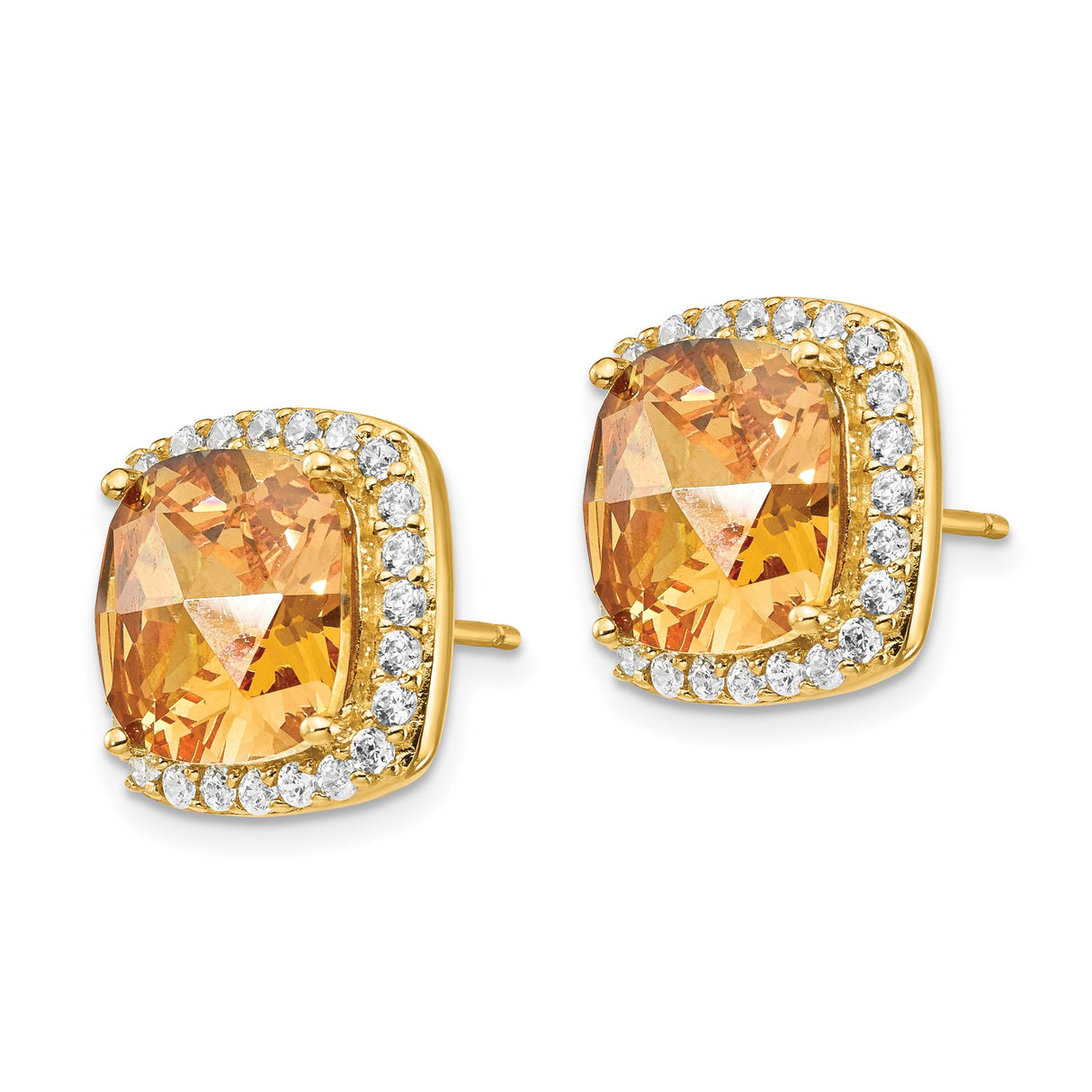 Sterling Silver Stud Earrings with Cushion Cut Citrine and Cubic Zirconia Halo