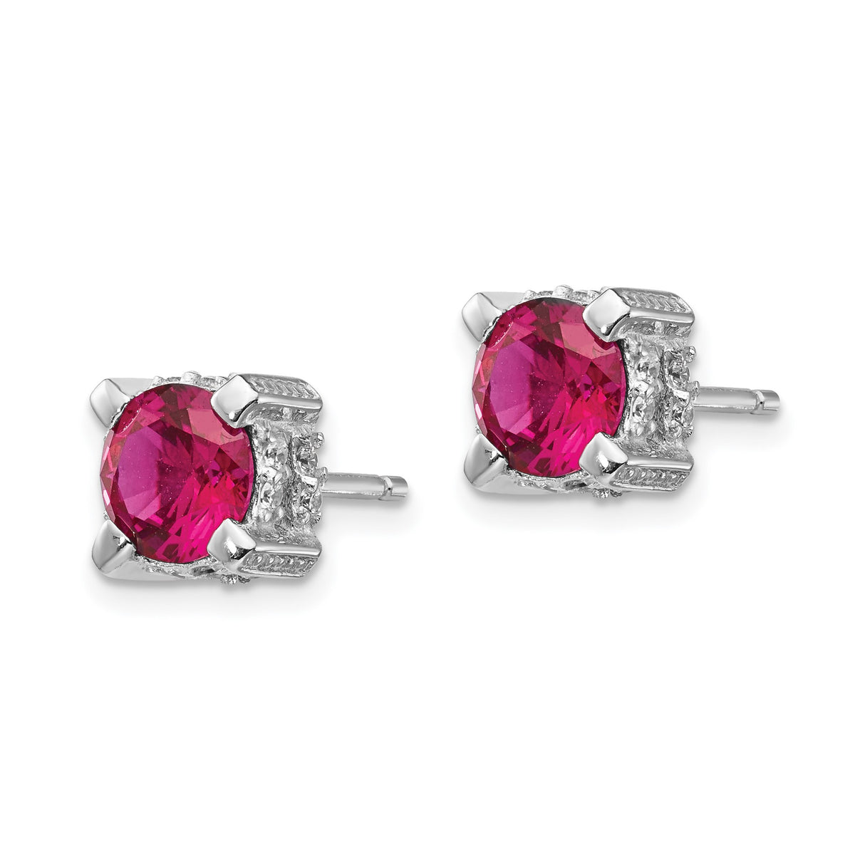 Sterling Silver Stud Earrings with Created Ruby and Cubic Zirconia, Timeless Romantic Style