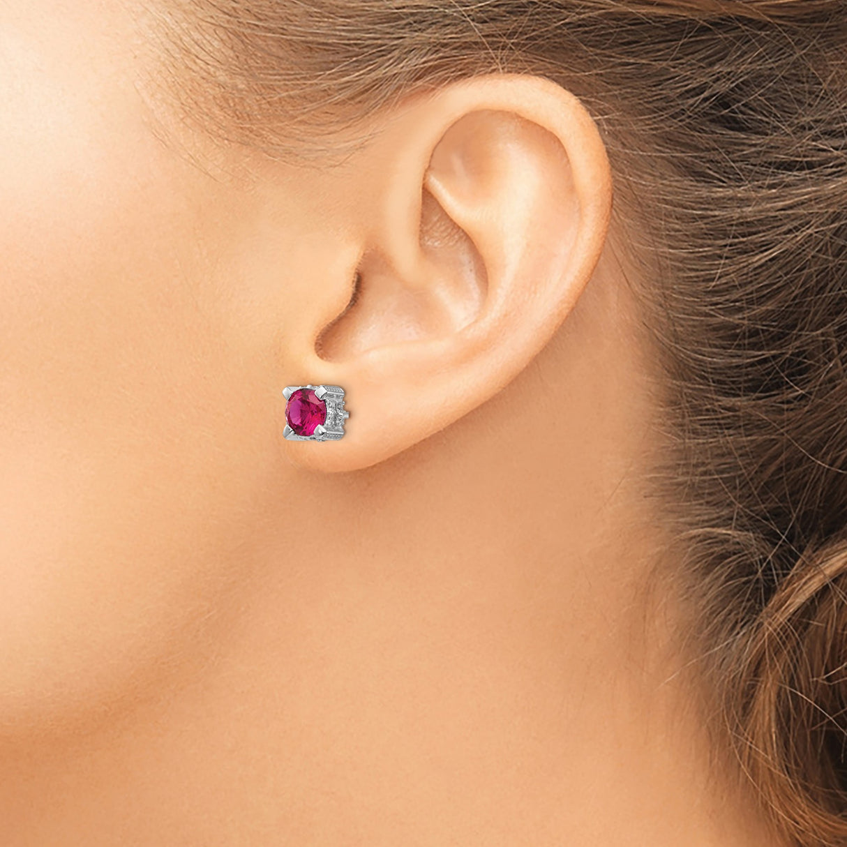 Sterling Silver Stud Earrings with Created Ruby and Cubic Zirconia, Timeless Romantic Style