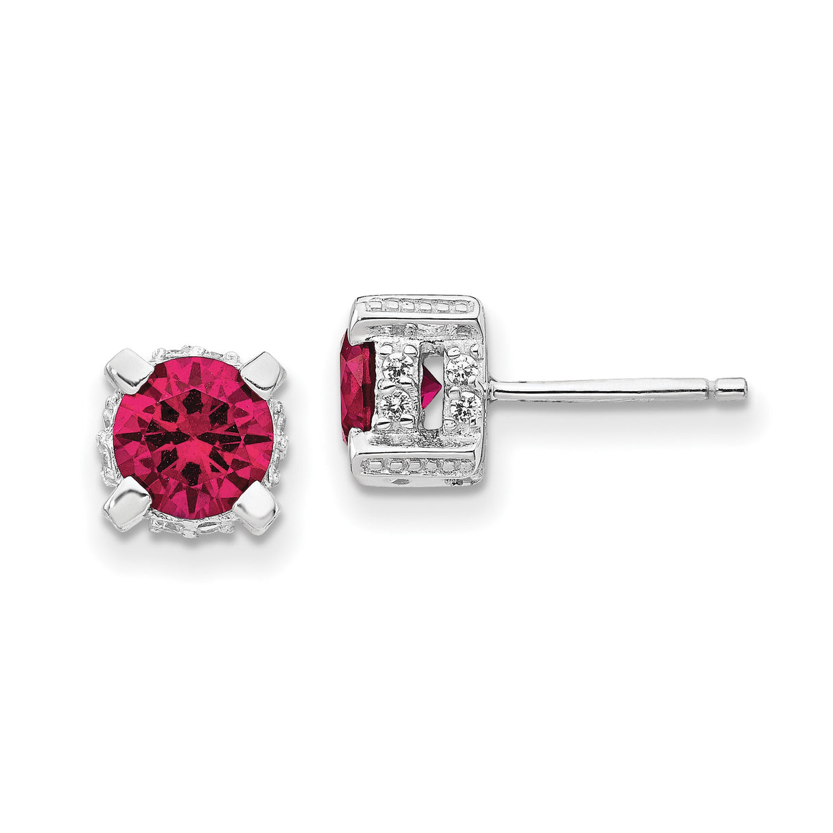 Sterling Silver Stud Earrings with Created Ruby and Cubic Zirconia, Timeless Romantic Style