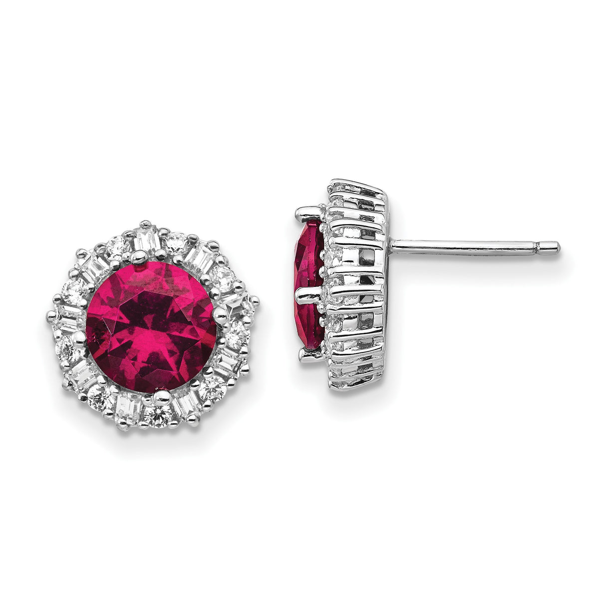 Sterling Silver Stud Earrings with Ruby Lab Created Gemstones and Cubic Zirconia Halo
