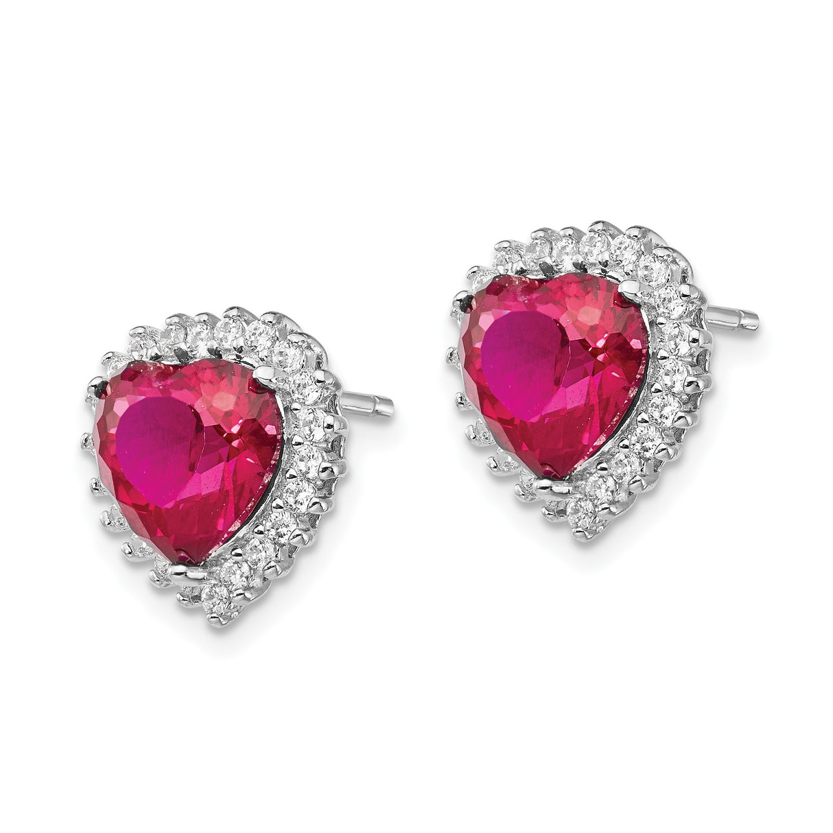 Sterling Silver Heart-Shaped Stud Earrings with Lab Created Ruby and Cubic Zirconia Halo
