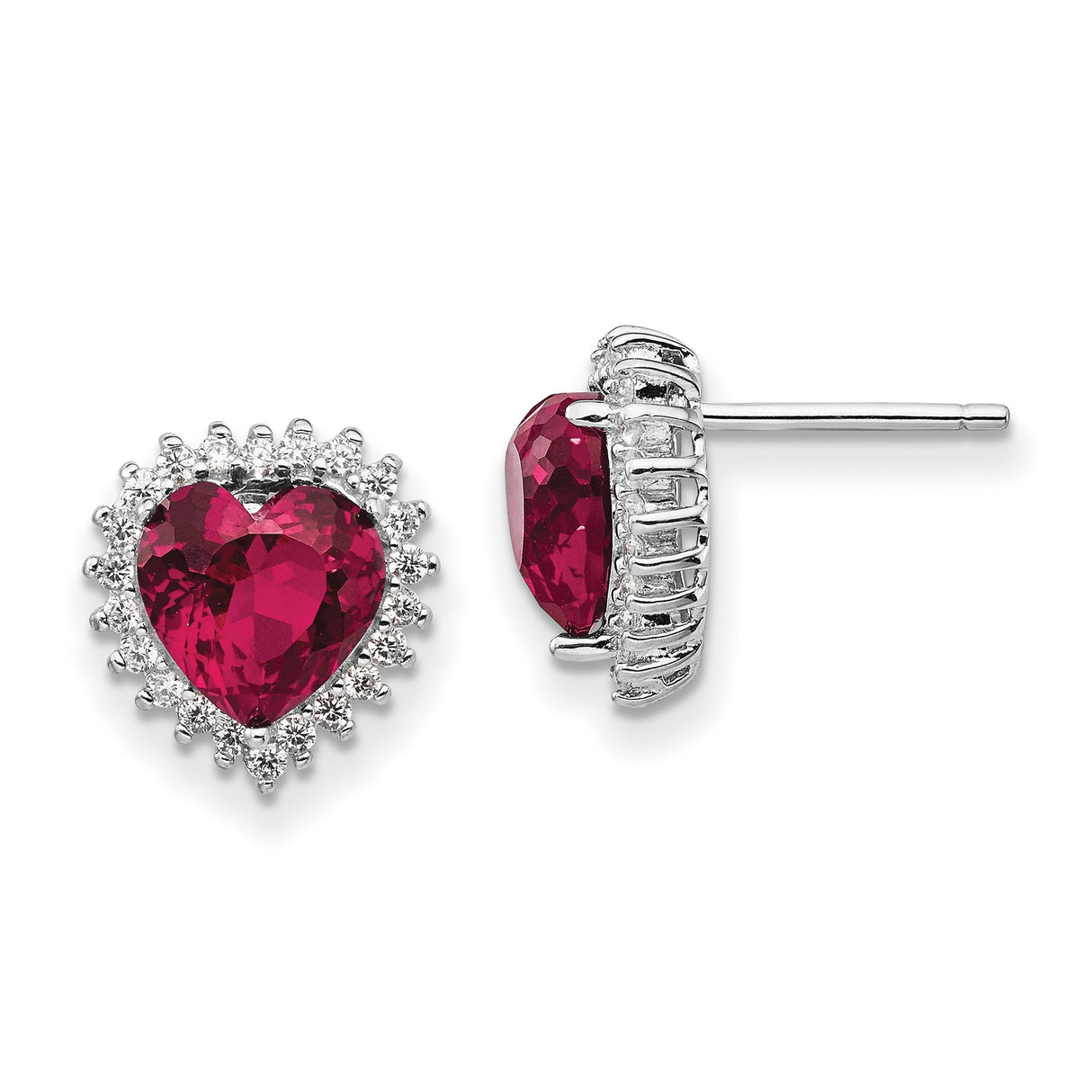 Sterling Silver Heart-Shaped Stud Earrings with Lab Created Ruby and Cubic Zirconia Halo