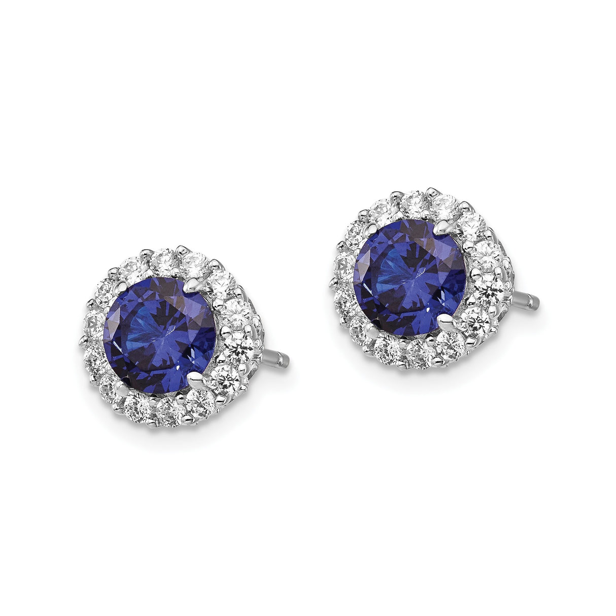 Sterling Silver Stud Earrings with Round Blue Spinel and Cubic Zirconia Halo