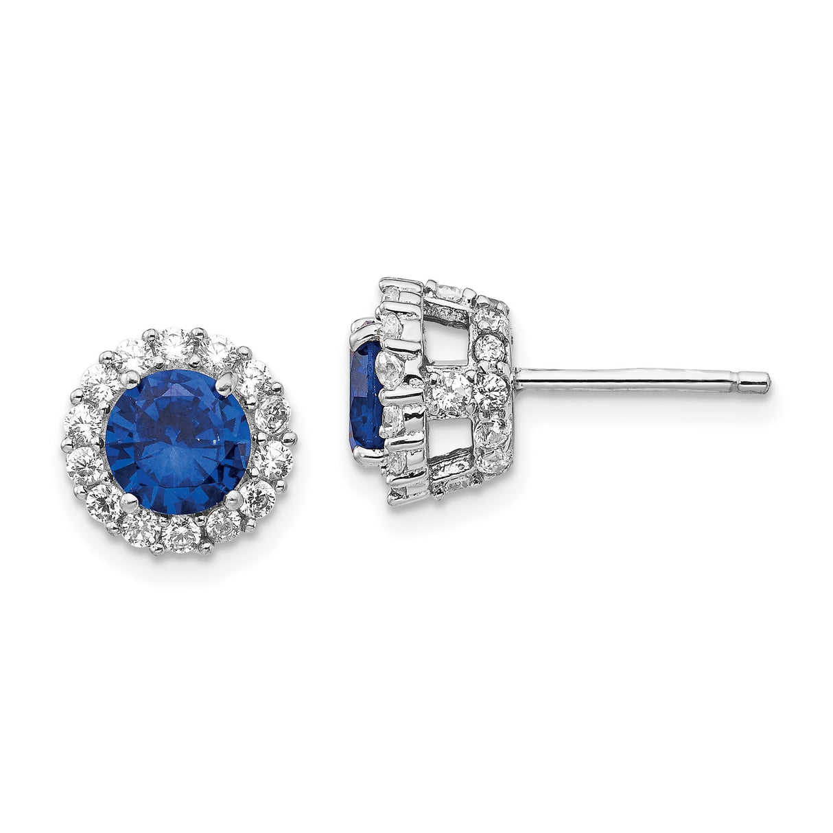 Sterling Silver Stud Earrings with Round Blue Spinel and Cubic Zirconia Halo