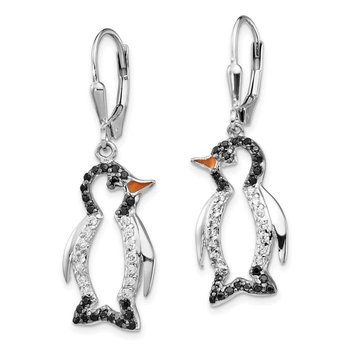 Sterling Silver Penguin Dangle Earrings with Cubic Zirconia, Leverback Drop Animal Design