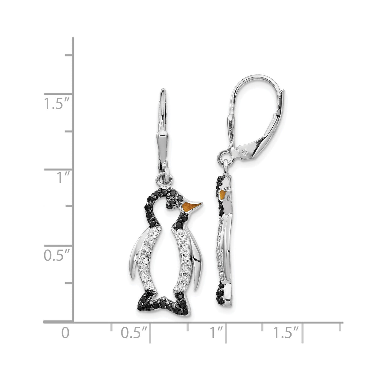 Sterling Silver Penguin Dangle Earrings with Cubic Zirconia, Leverback Drop Animal Design