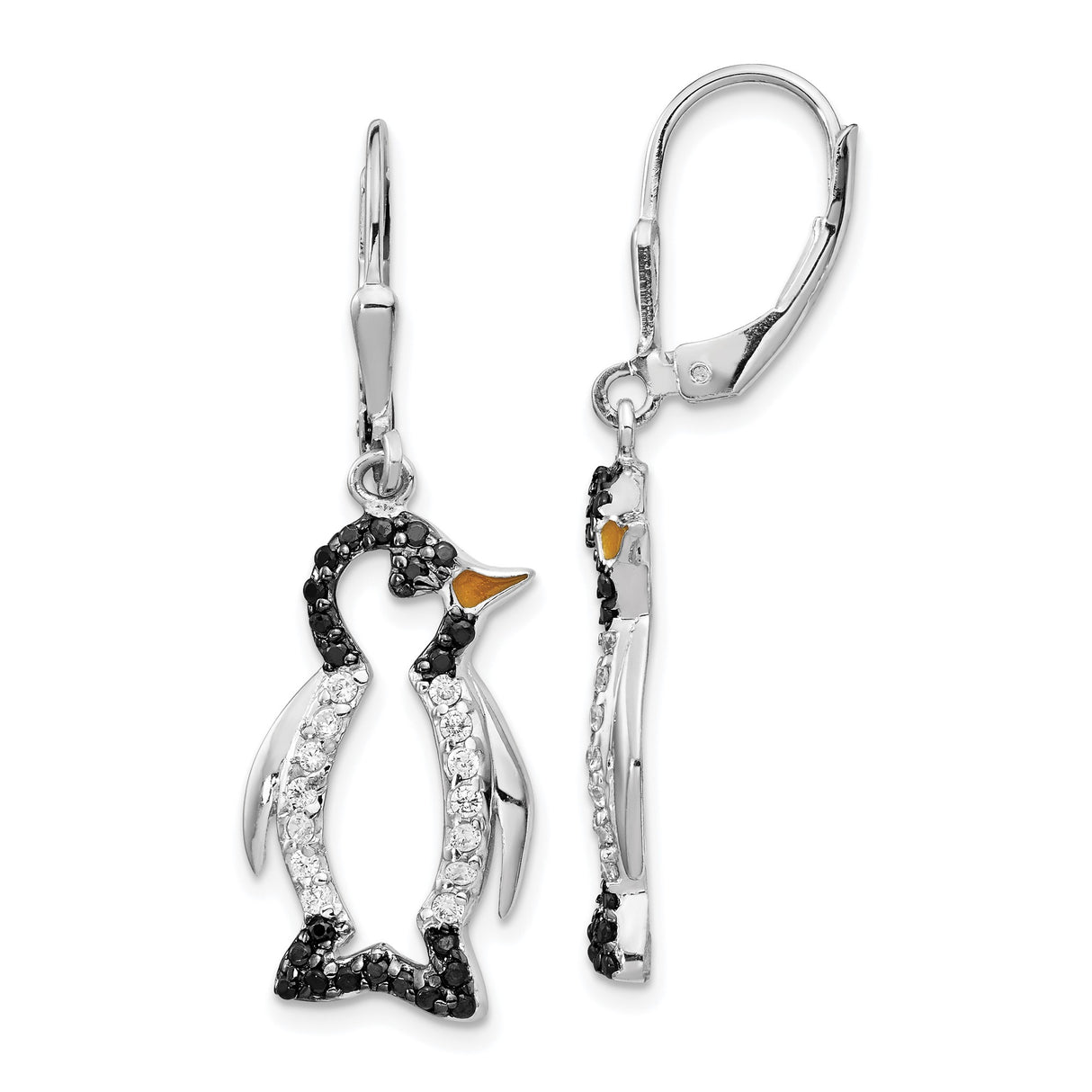 Sterling Silver Penguin Dangle Earrings with Cubic Zirconia, Leverback Drop Animal Design