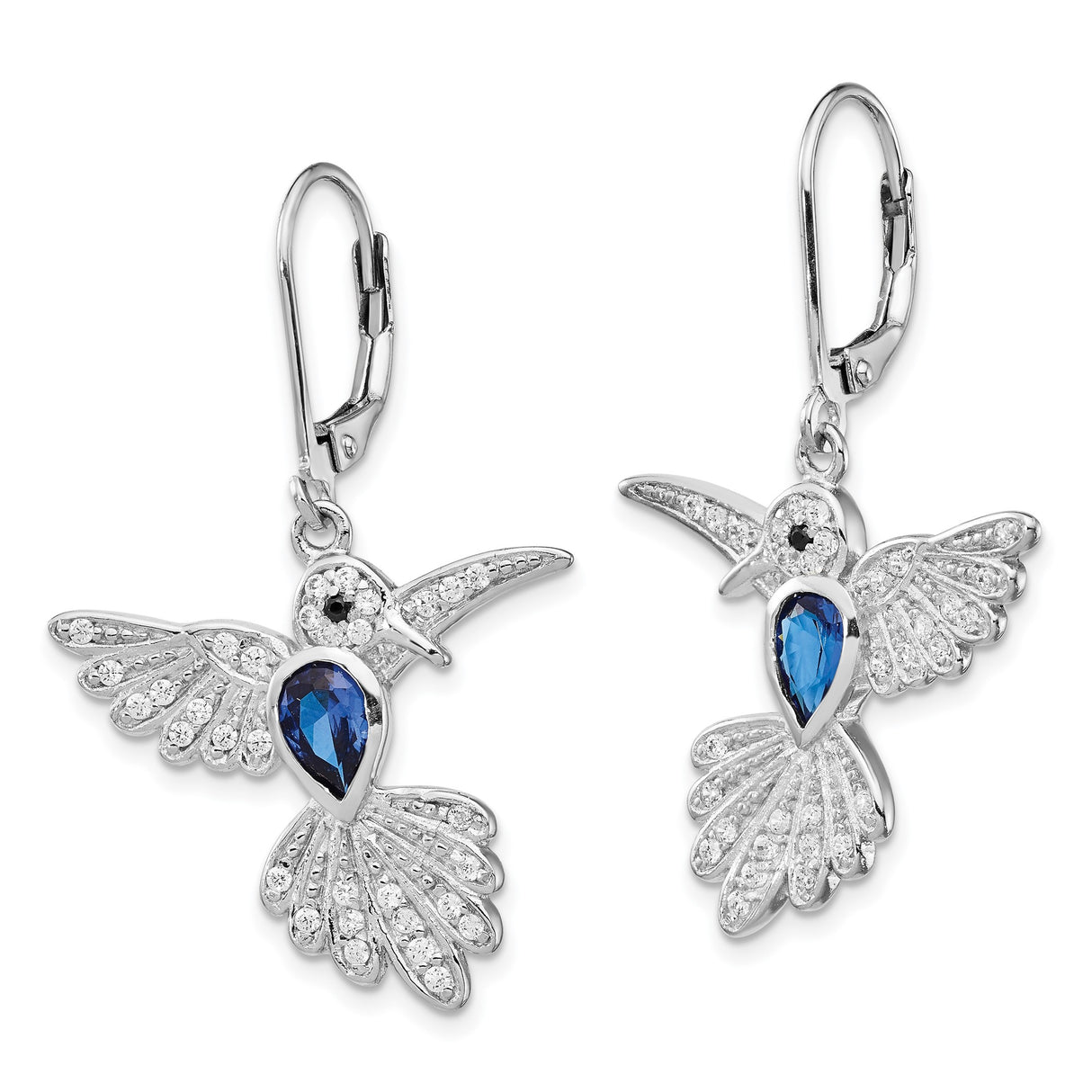 Sterling Silver Hummingbird Leverback Earrings with Blue Spinel and Cubic Zirconia Accents