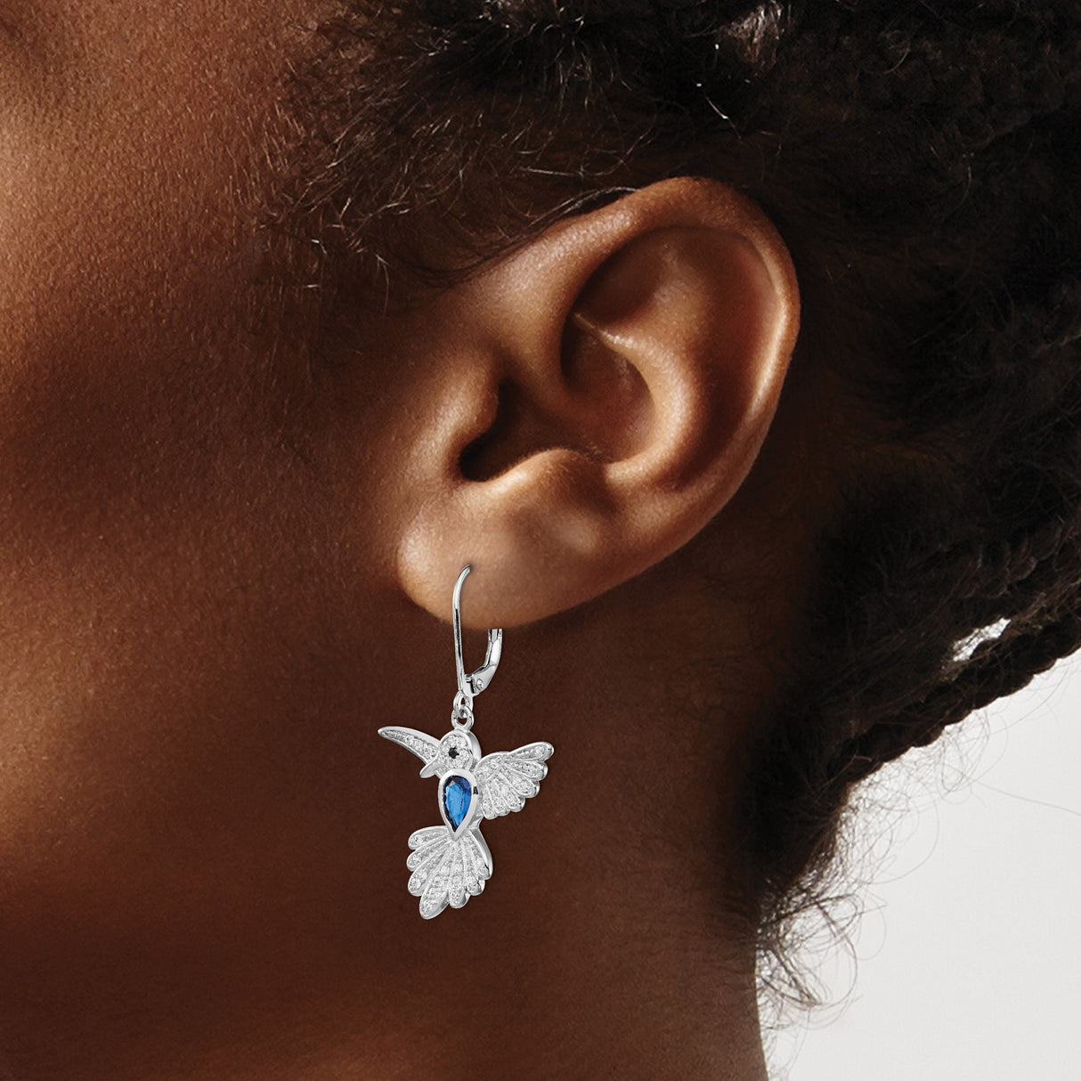 Sterling Silver Hummingbird Leverback Earrings with Blue Spinel and Cubic Zirconia Accents