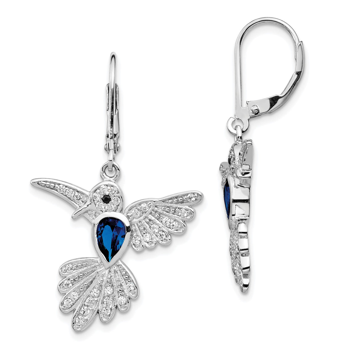 Sterling Silver Hummingbird Leverback Earrings with Blue Spinel and Cubic Zirconia Accents