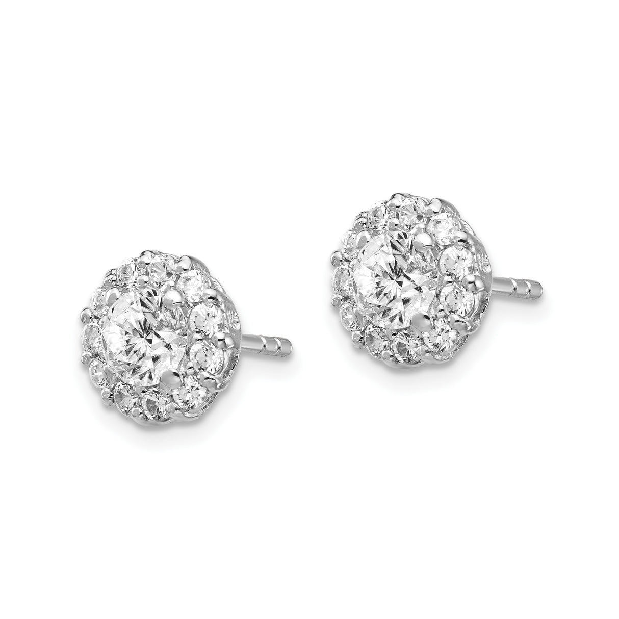 Sterling Silver Halo Stud Earrings with Round Cubic Zirconia Center and Accent Stones