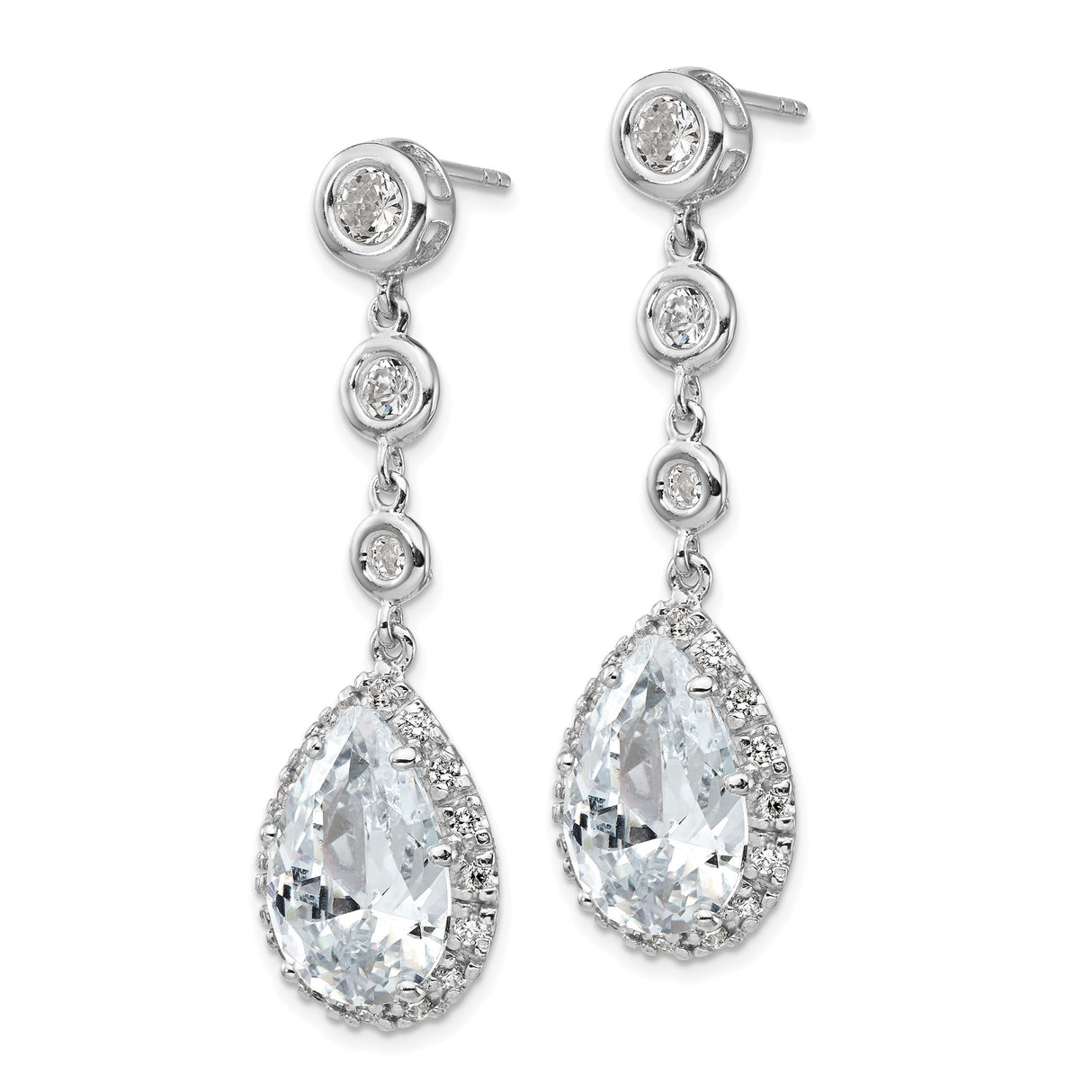 Sterling Silver Teardrop Dangle Earrings with Cubic Zirconia and Round Bezel Accents