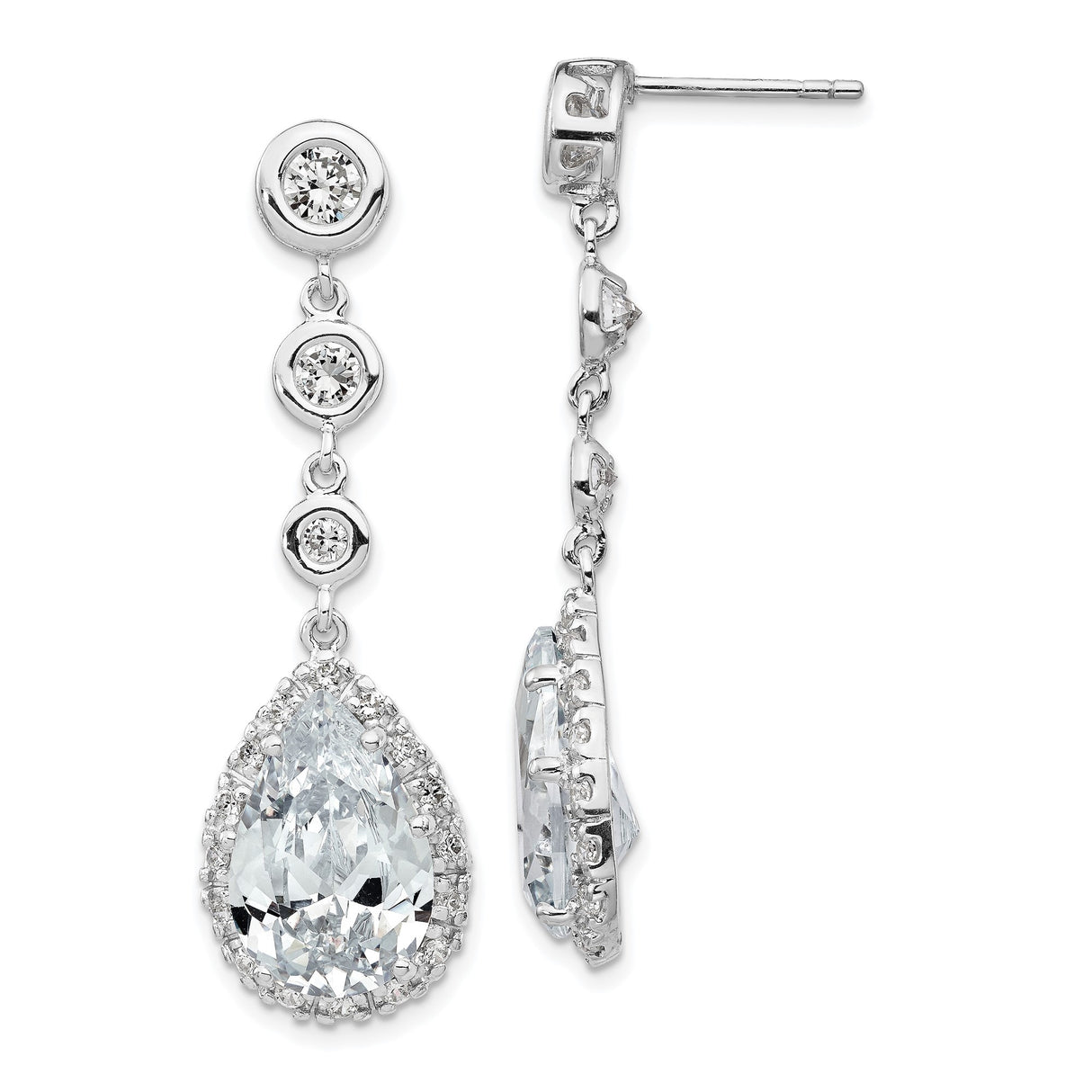 Sterling Silver Teardrop Dangle Earrings with Cubic Zirconia and Round Bezel Accents