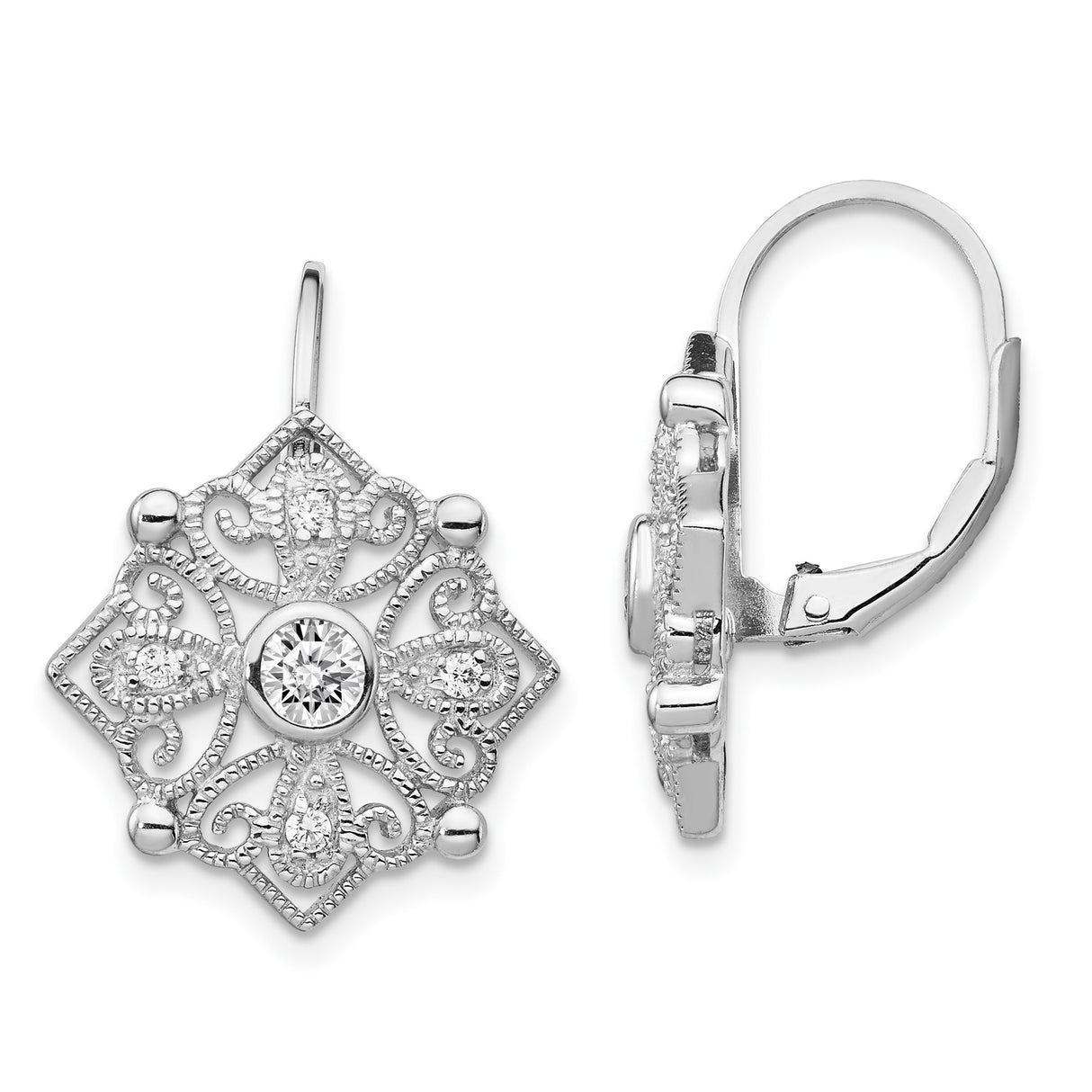 Sterling Silver Drop Earrings with Cubic Zirconia, Vintage Floral Filigree Mandala Design