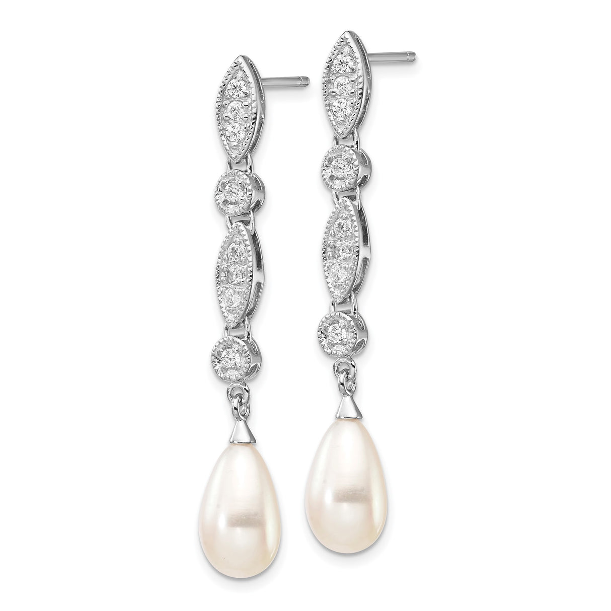 Sterling Silver Drop Earrings with Freshwater Pearls and Cubic Zirconia, Vintage Style