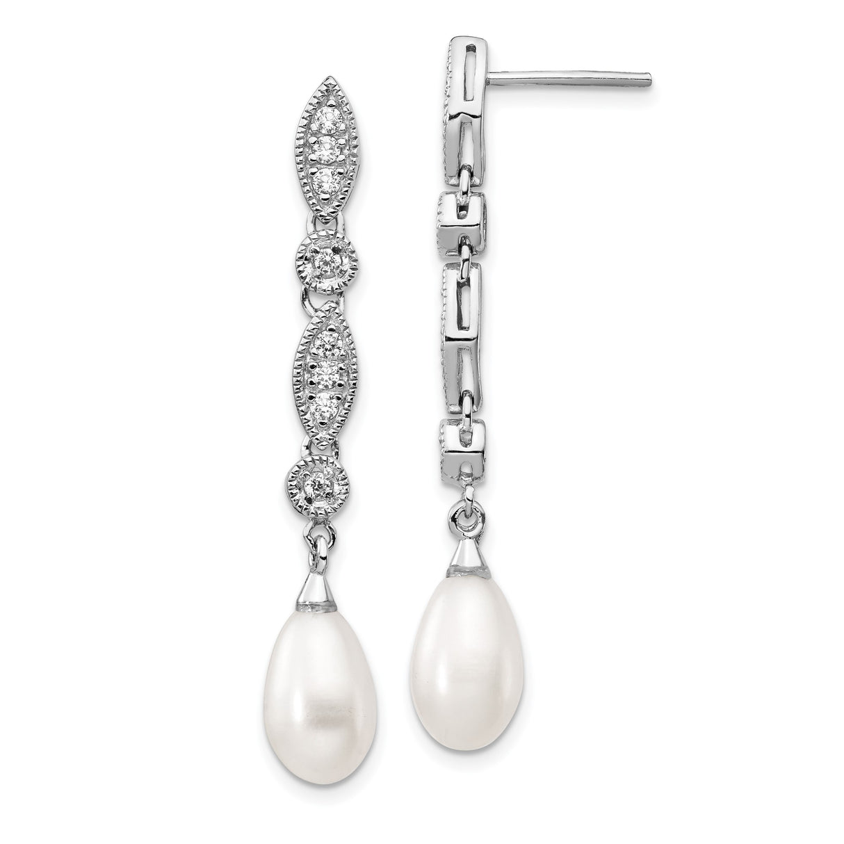 Sterling Silver Drop Earrings with Freshwater Pearls and Cubic Zirconia, Vintage Style