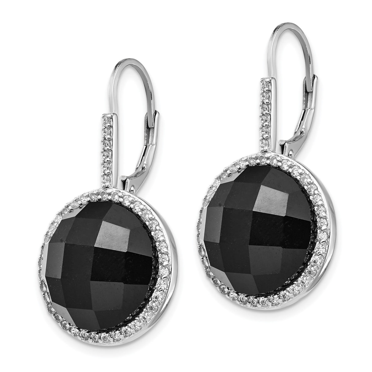 Sterling Silver Dangle Earrings with Black Onyx and Halo Cubic Zirconia Accents