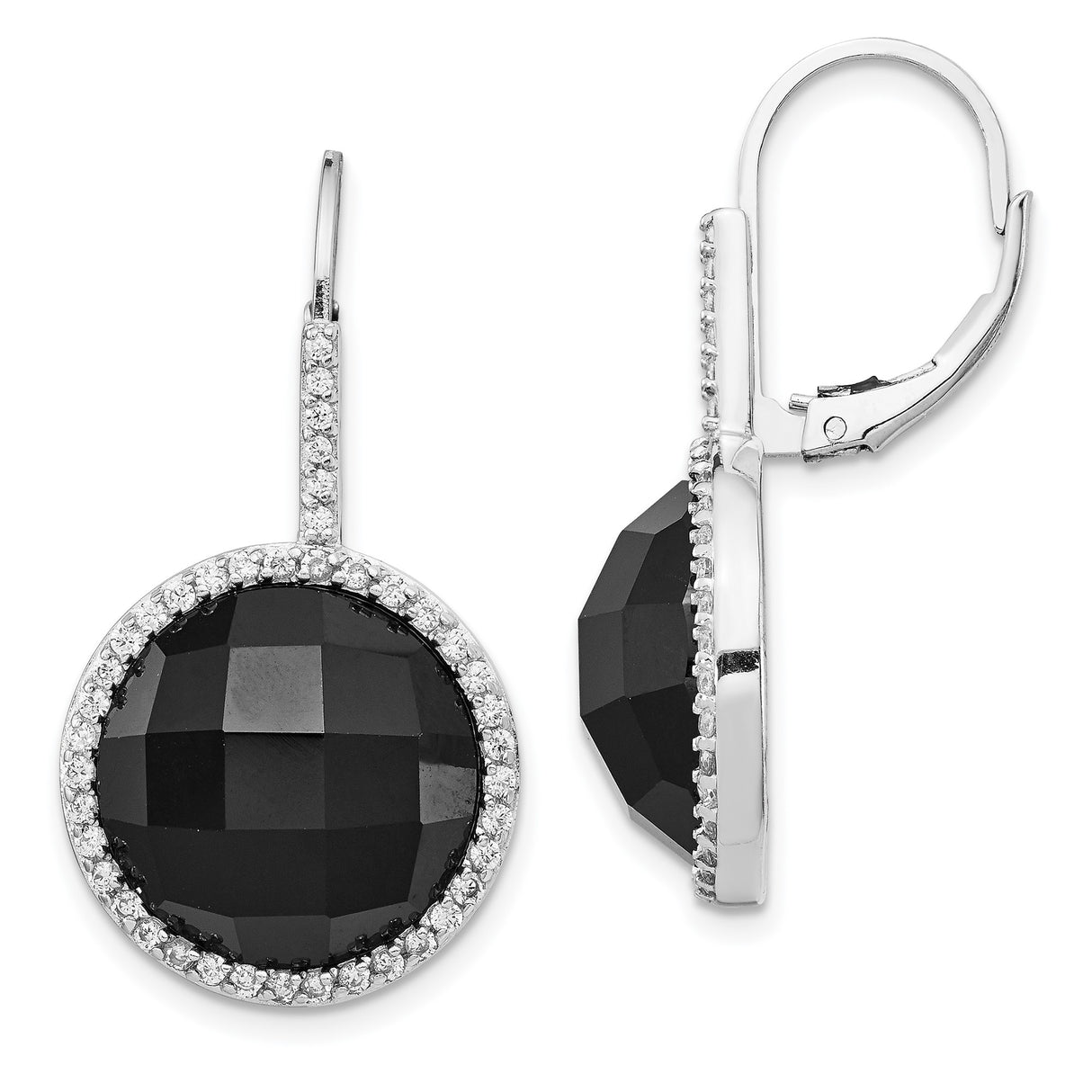 Sterling Silver Dangle Earrings with Black Onyx and Halo Cubic Zirconia Accents