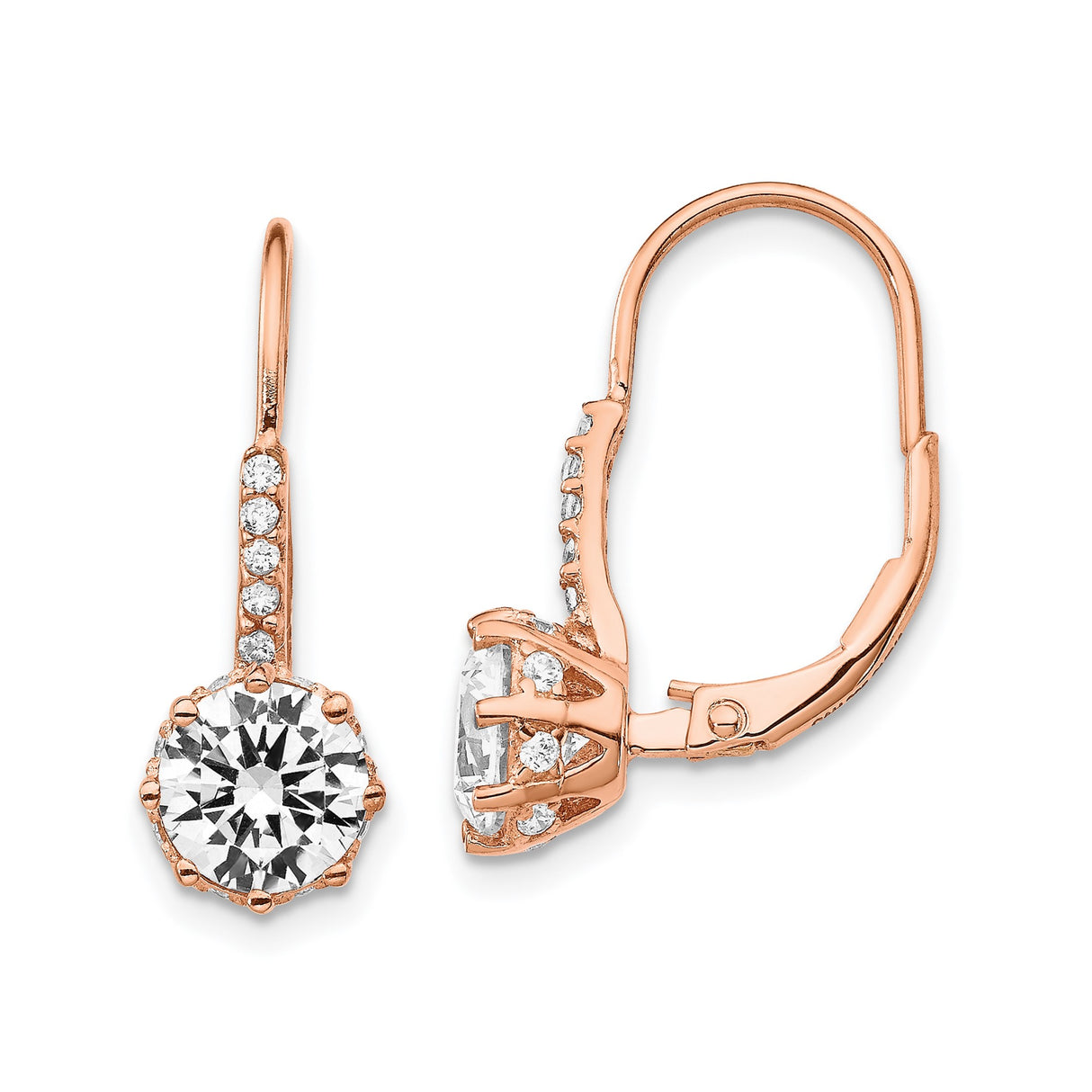 Sterling Silver Drop Earrings with Cubic Zirconia, Rose Plated Leverback Dangle Design