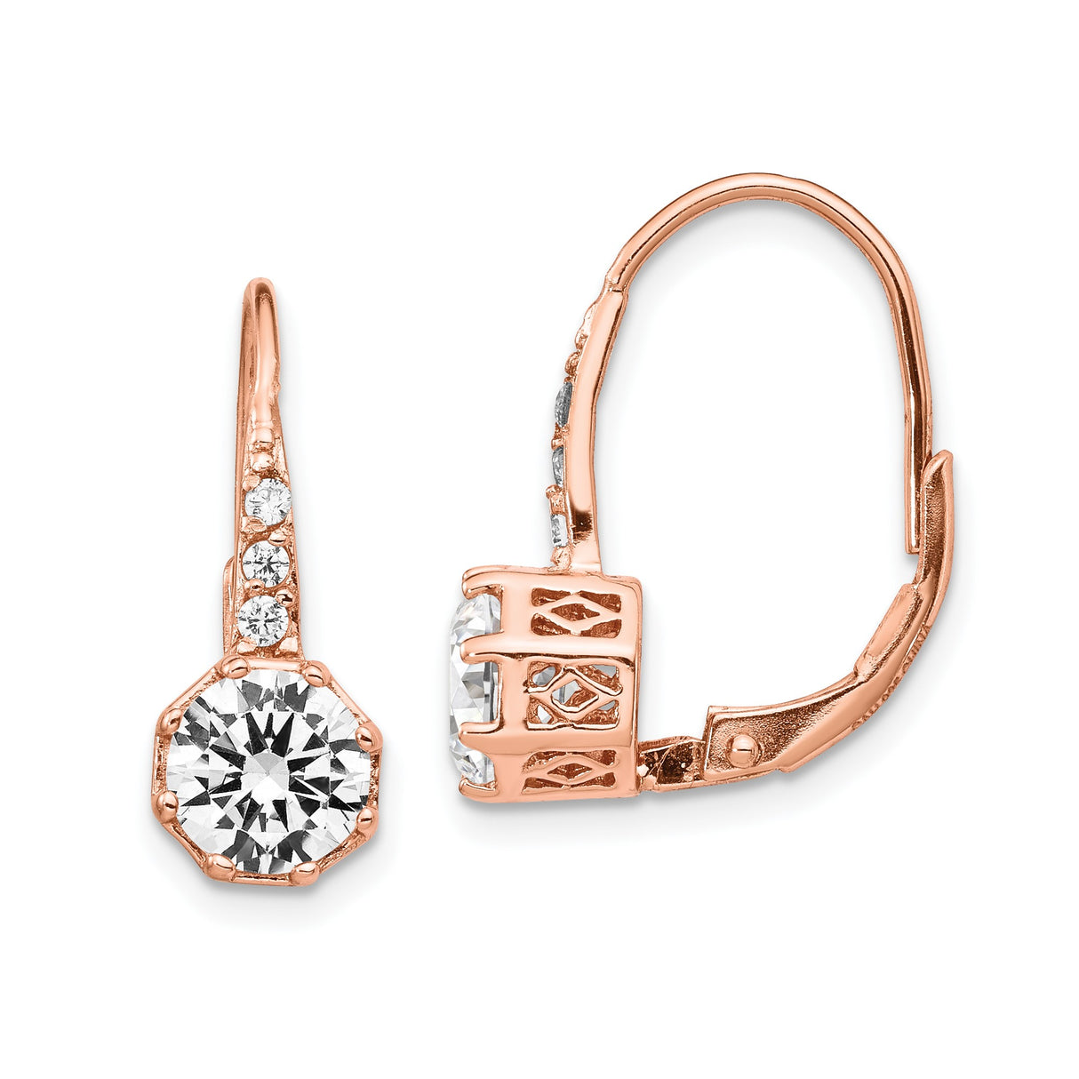Sterling Silver Drop Earrings with Cubic Zirconia, Rose Gold-Plated Filigree Leverback Design