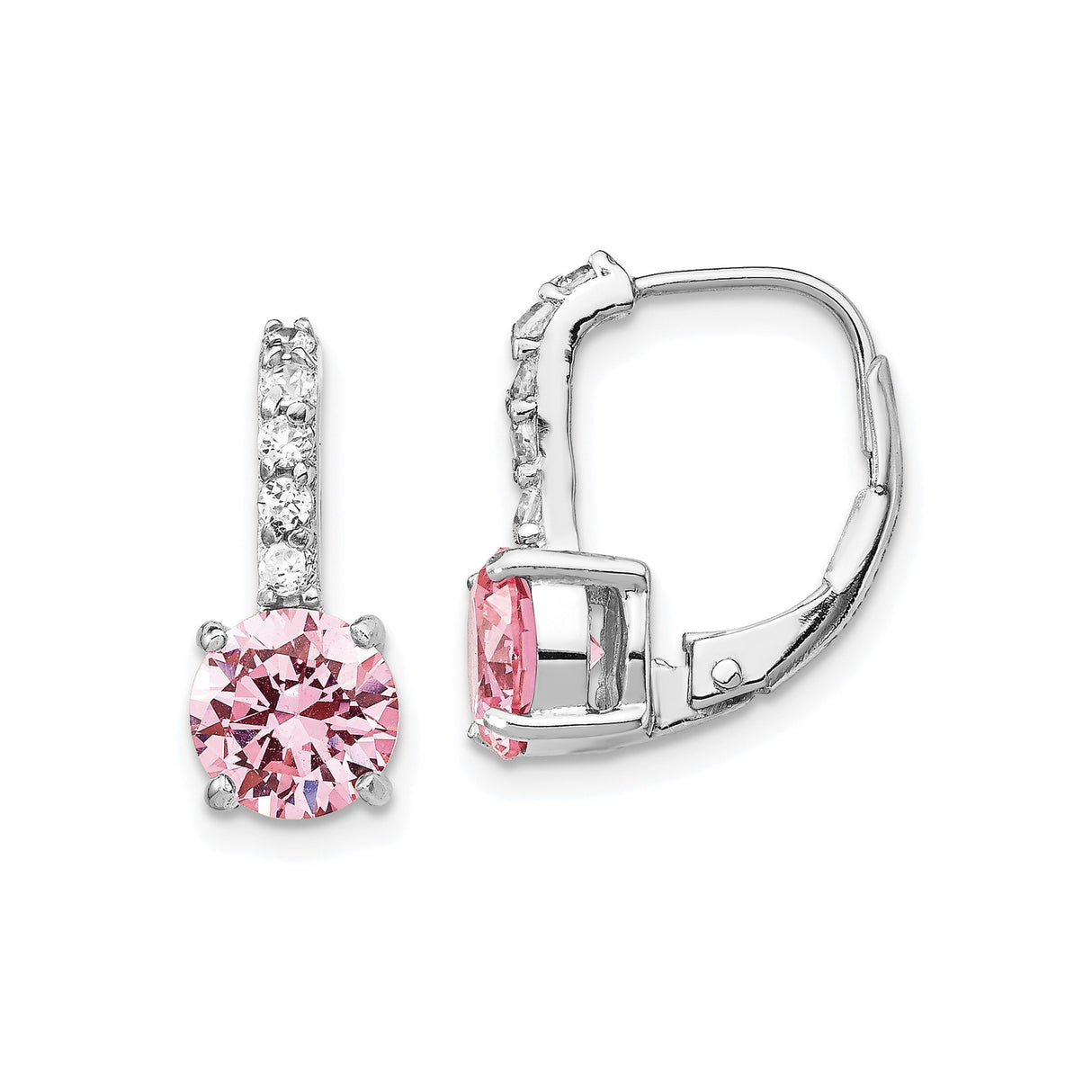 Sterling Silver Leverback Earrings with Pink Cubic Zirconia and White Accents, Romantic Dangle Design