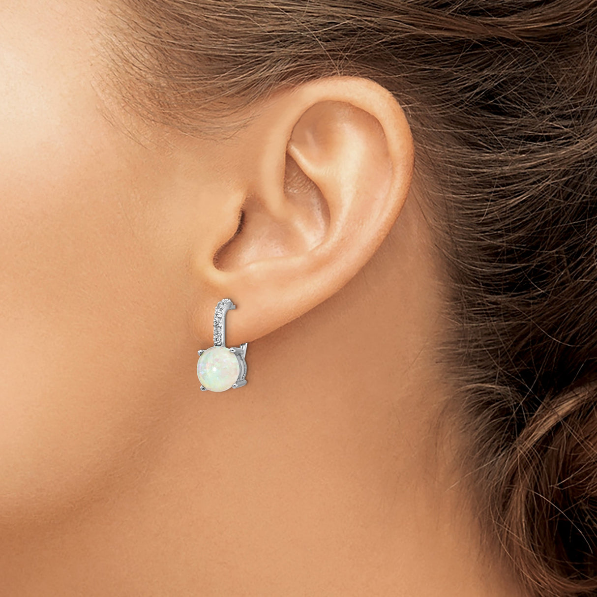 Sterling Silver Leverback Drop Earrings with Lab Created Opal and Cubic Zirconia Accents