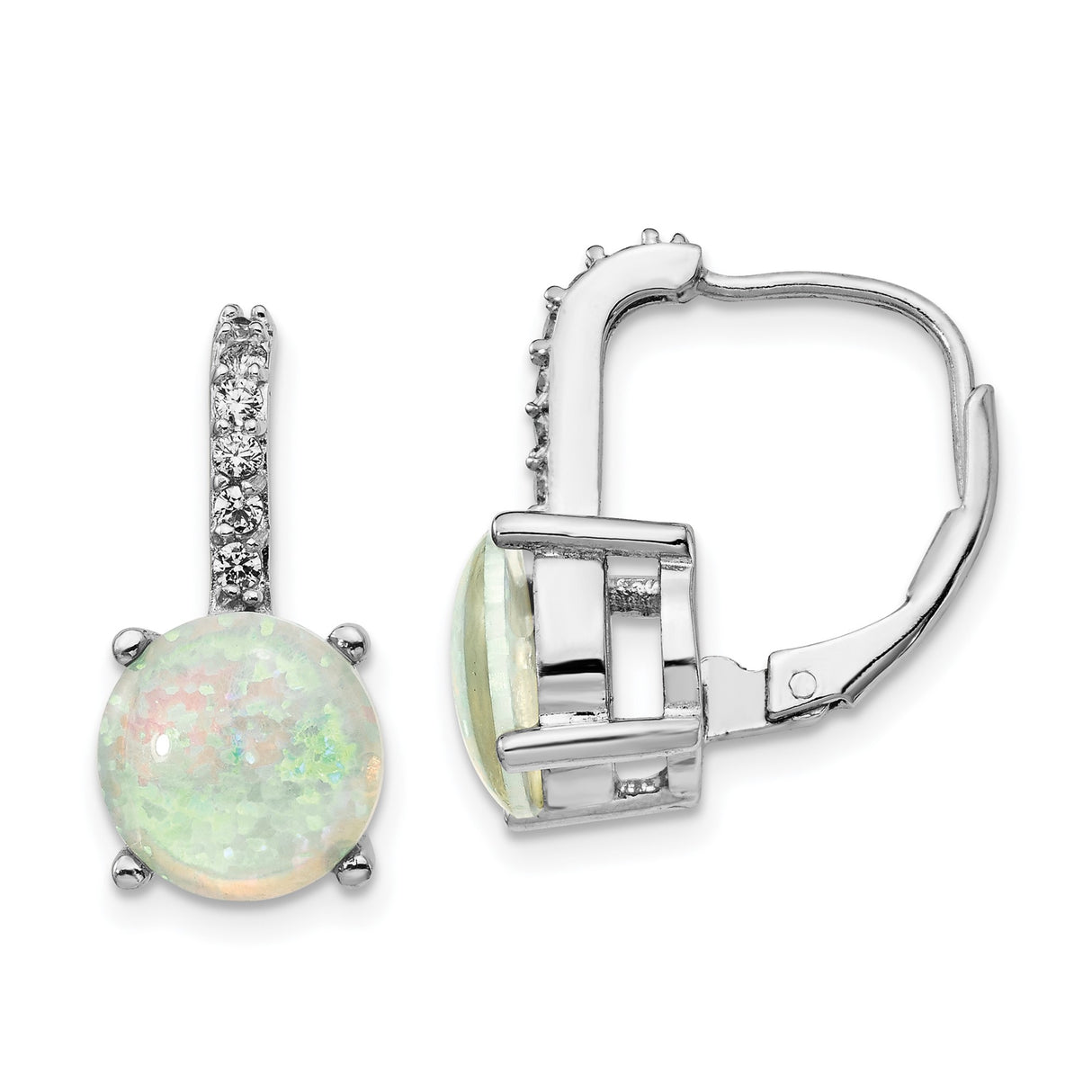 Sterling Silver Leverback Drop Earrings with Lab Created Opal and Cubic Zirconia Accents