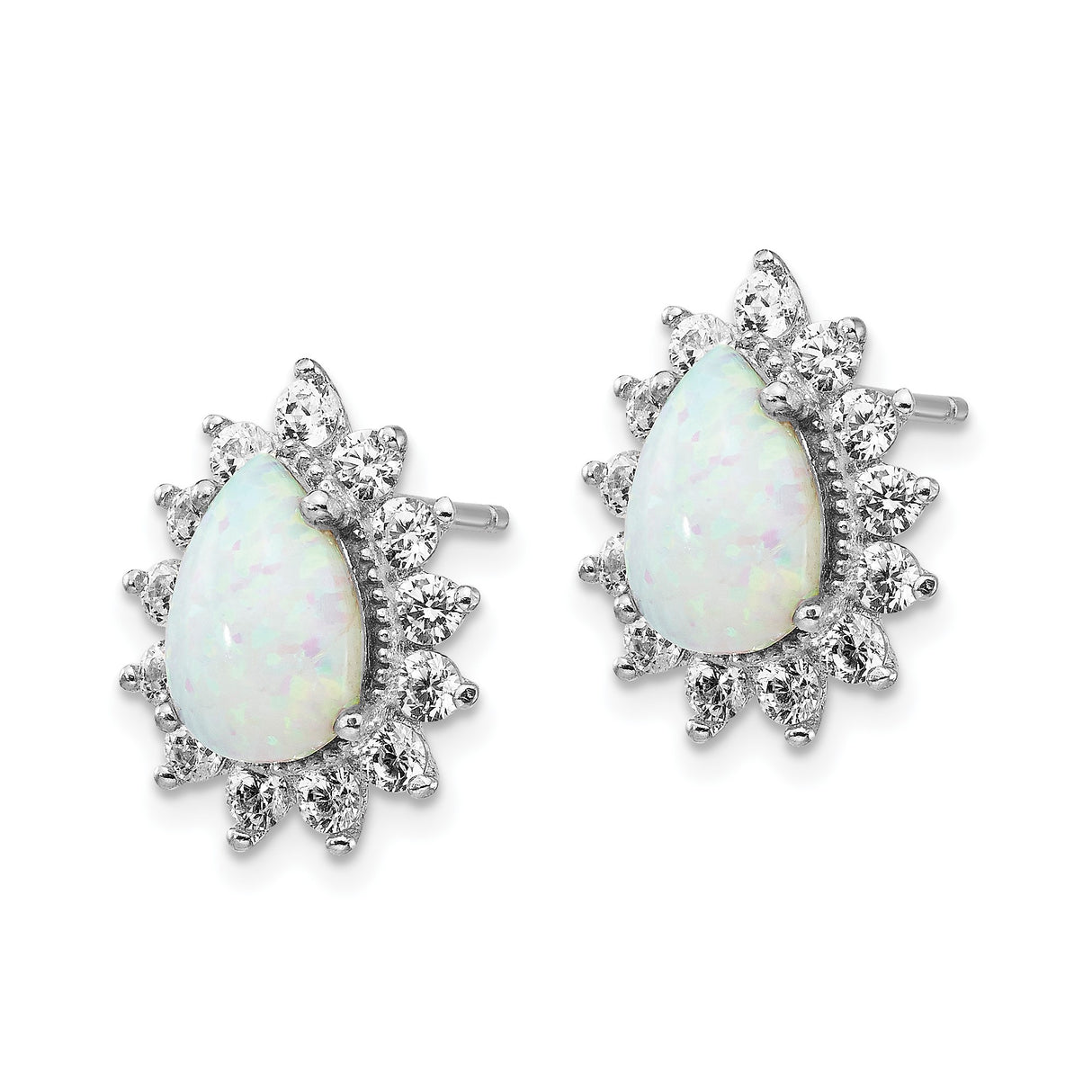 Sterling Silver Teardrop Stud Earrings with Lab Created Opal and Cubic Zirconia Halo