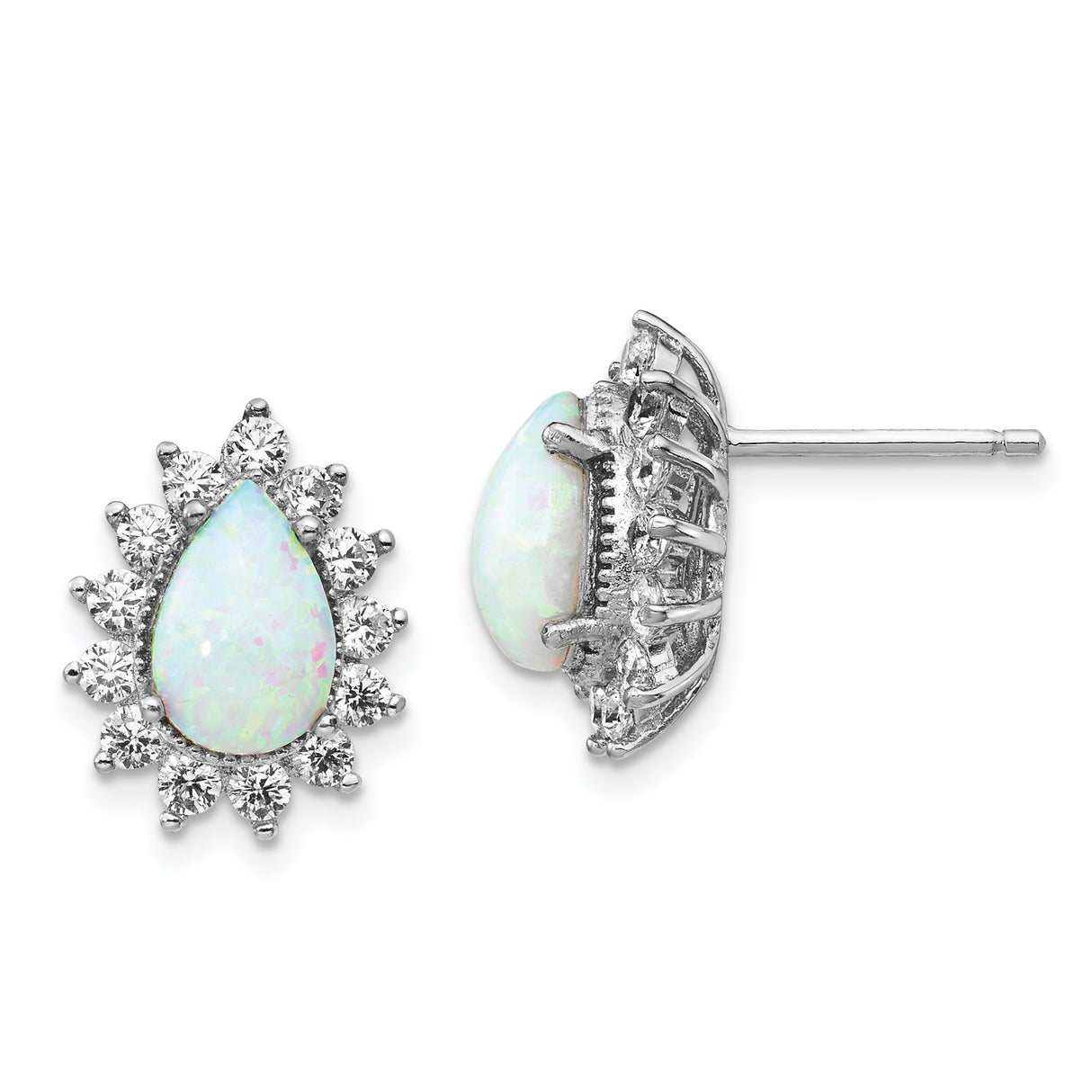 Sterling Silver Teardrop Stud Earrings with Lab Created Opal and Cubic Zirconia Halo