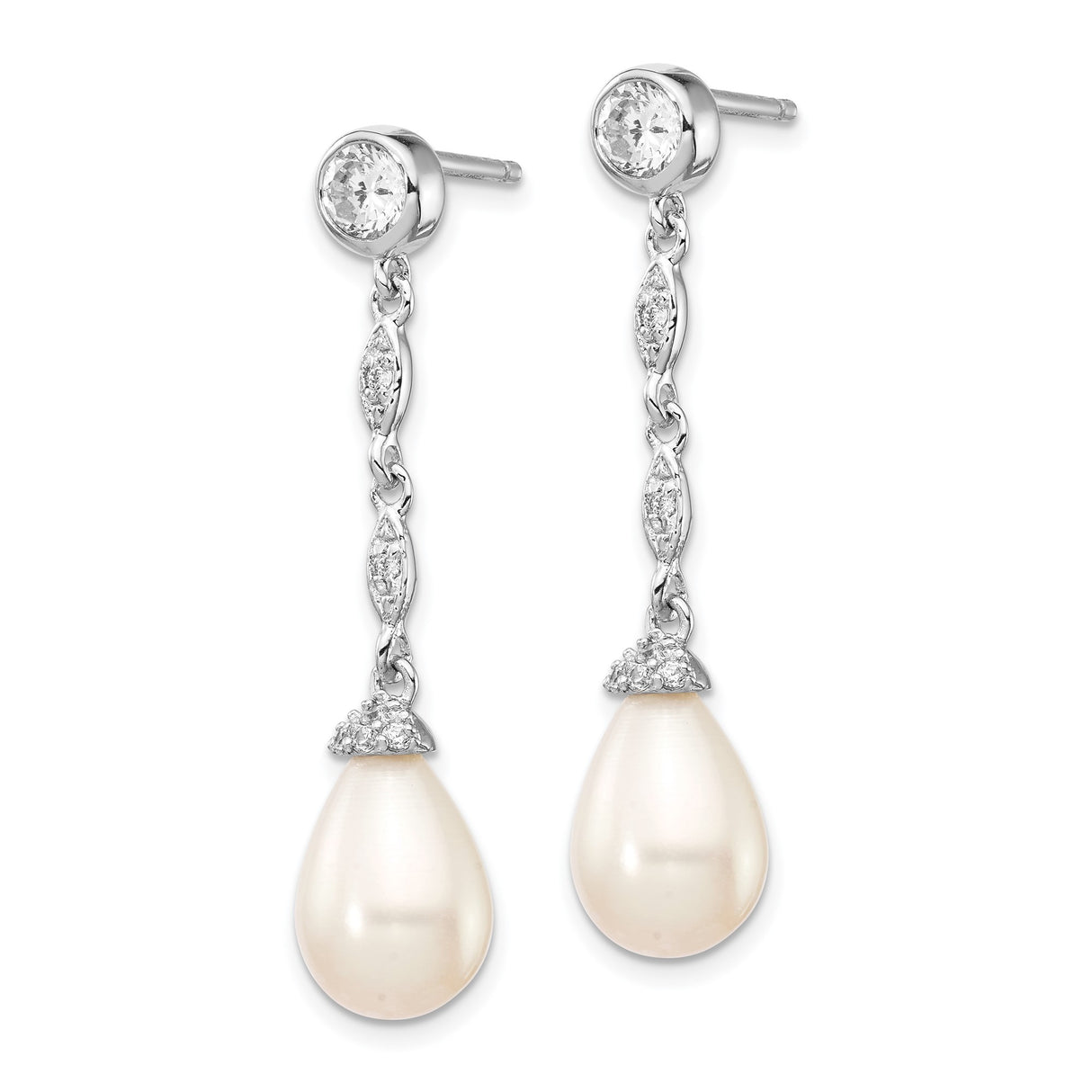 Sterling Silver Teardrop Earrings with Freshwater Pearls and Cubic Zirconia Accents