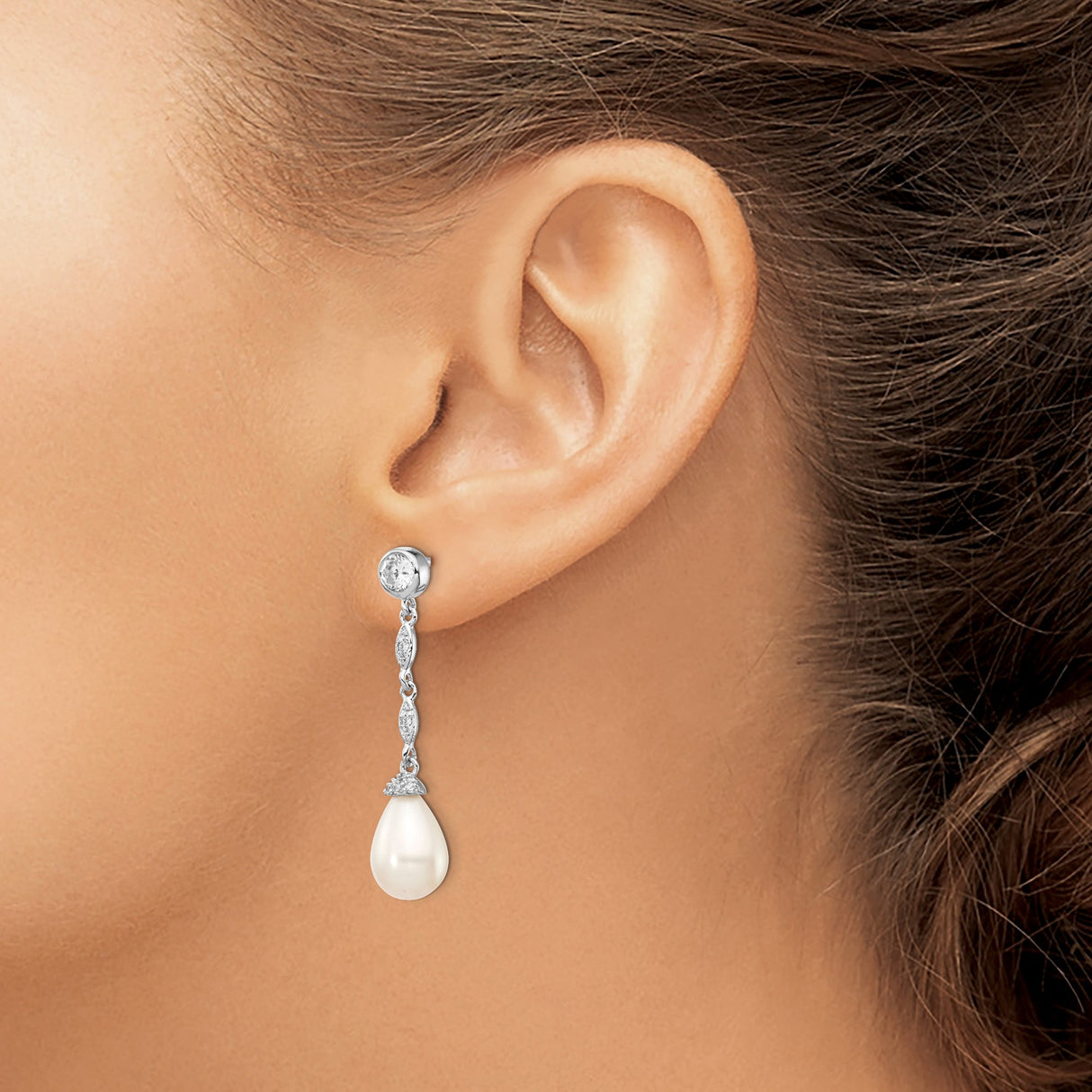Sterling Silver Teardrop Earrings with Freshwater Pearls and Cubic Zirconia Accents