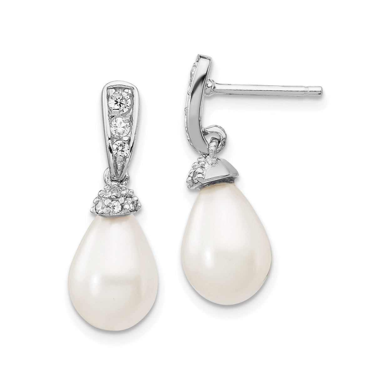 Sterling Silver Drop Earrings with Teardrop Pearls and Cubic Zirconia Accents