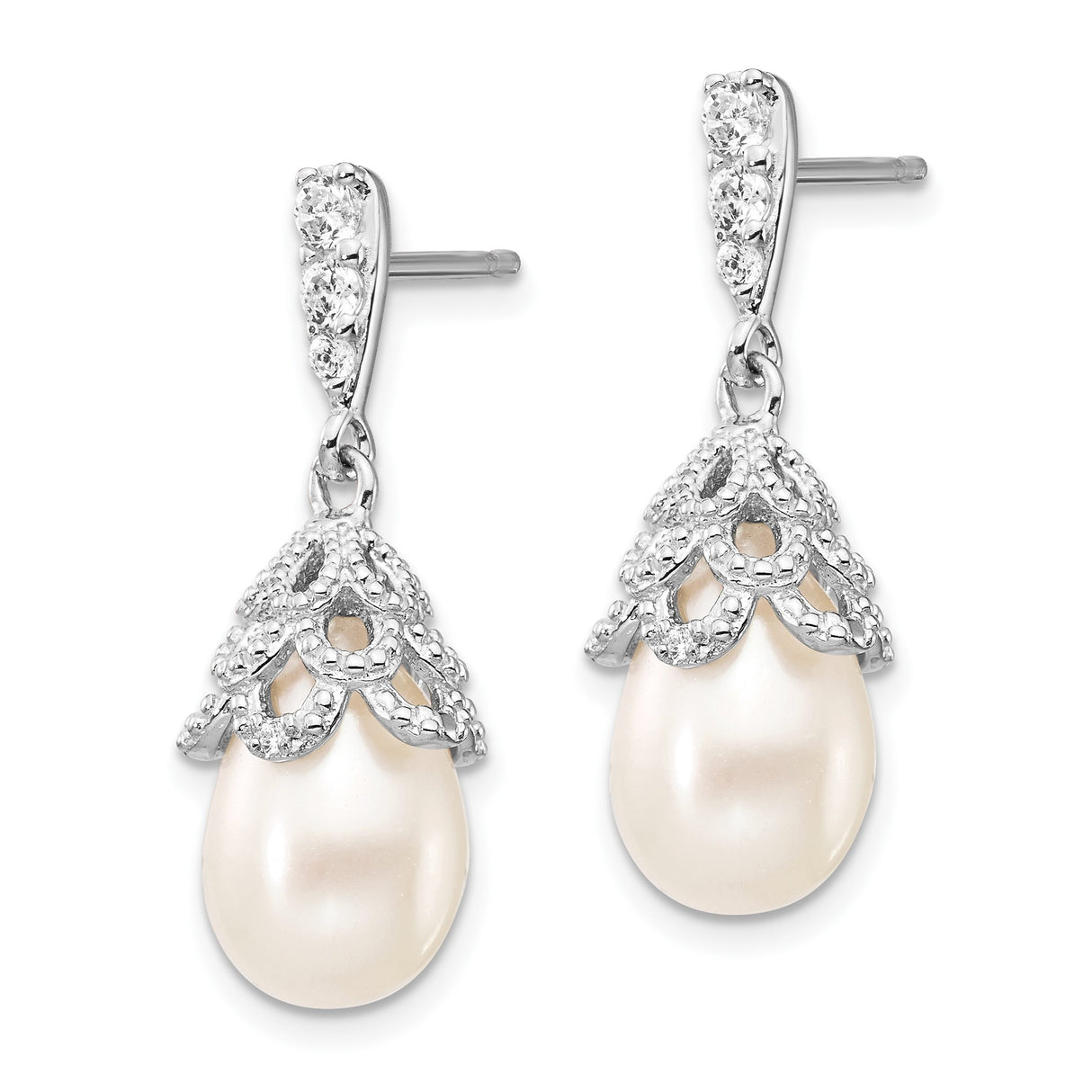 Sterling Silver Drop Earrings with Teardrop Pearls and Cubic Zirconia Filigree Design